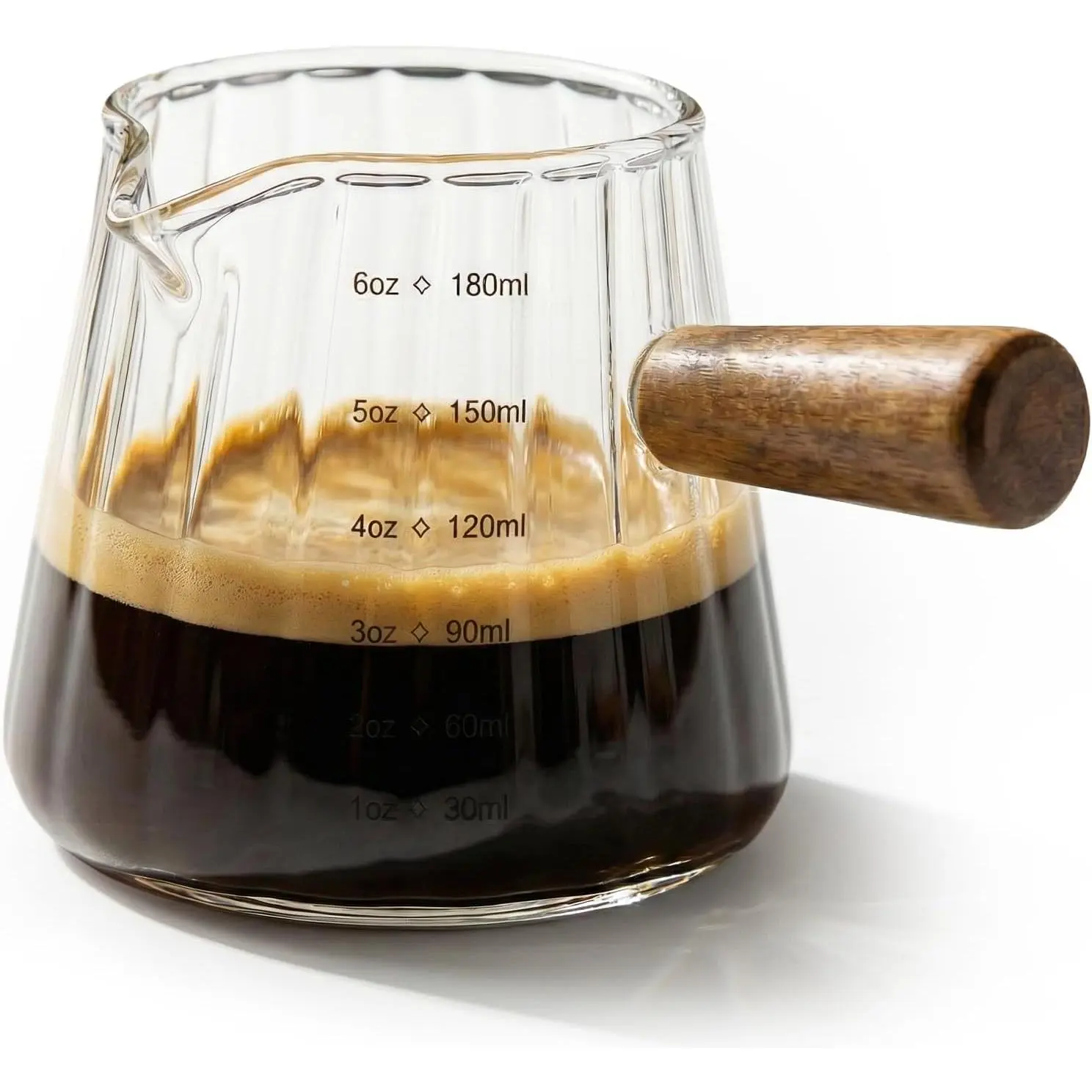 6oz Espresso Shot Cups, Glass Measuring Cup, Coffee Bar Accessories |  Double Shot Espresso, Heat Resistant Borosilicate Glass,  Handle, V-Shaped Spout, Ribbed Milk Frothing Pitcher