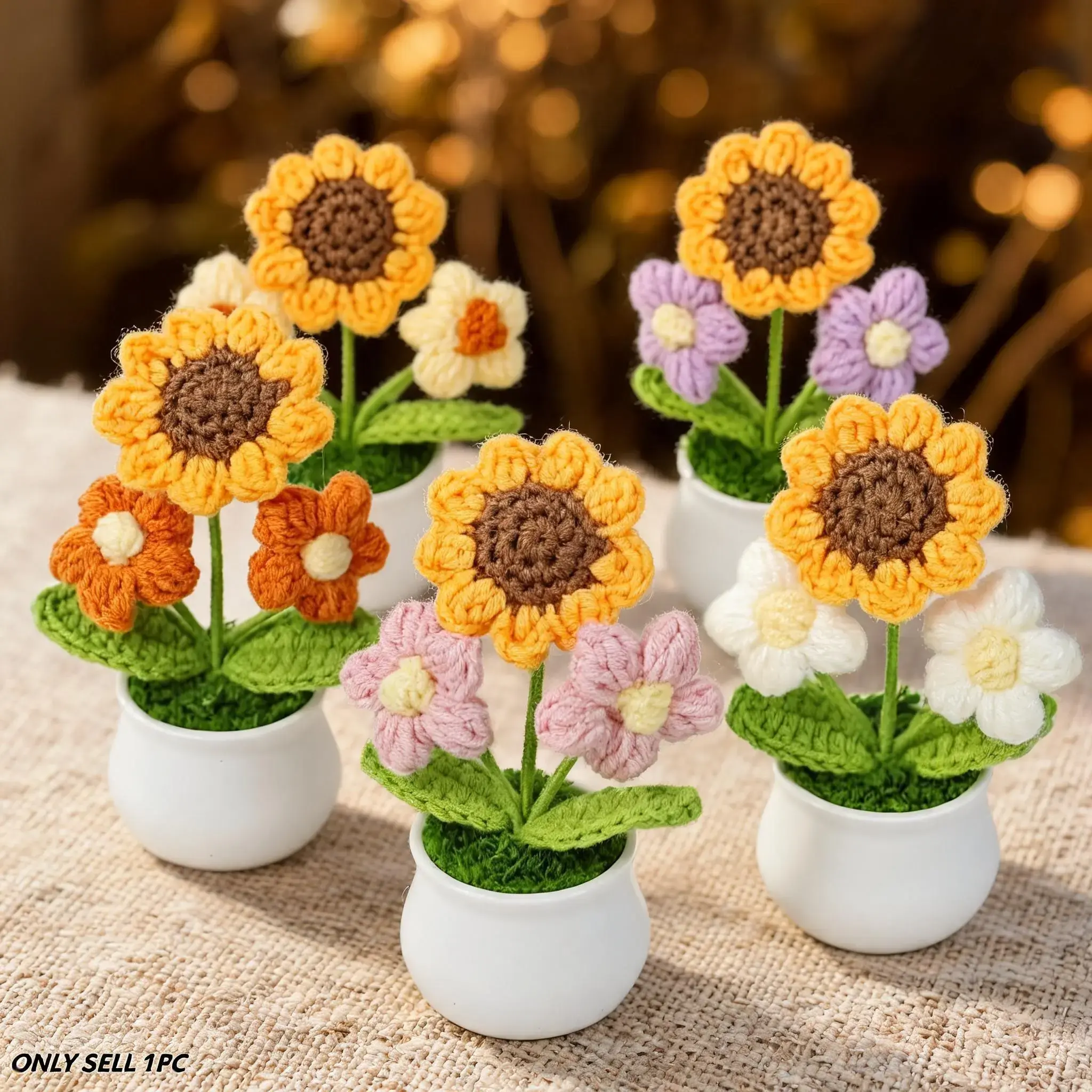 Crochet Sunflower Potted Plant, 4 Counts/set Crochet Flower, Handmade Crochet Bouquet, Crochet Artificial Flowers, Desktop Decoration for Home Office, Gift for Mom, Birthday Gift, Artificial Flower Decorations, Faux Flower Decoration