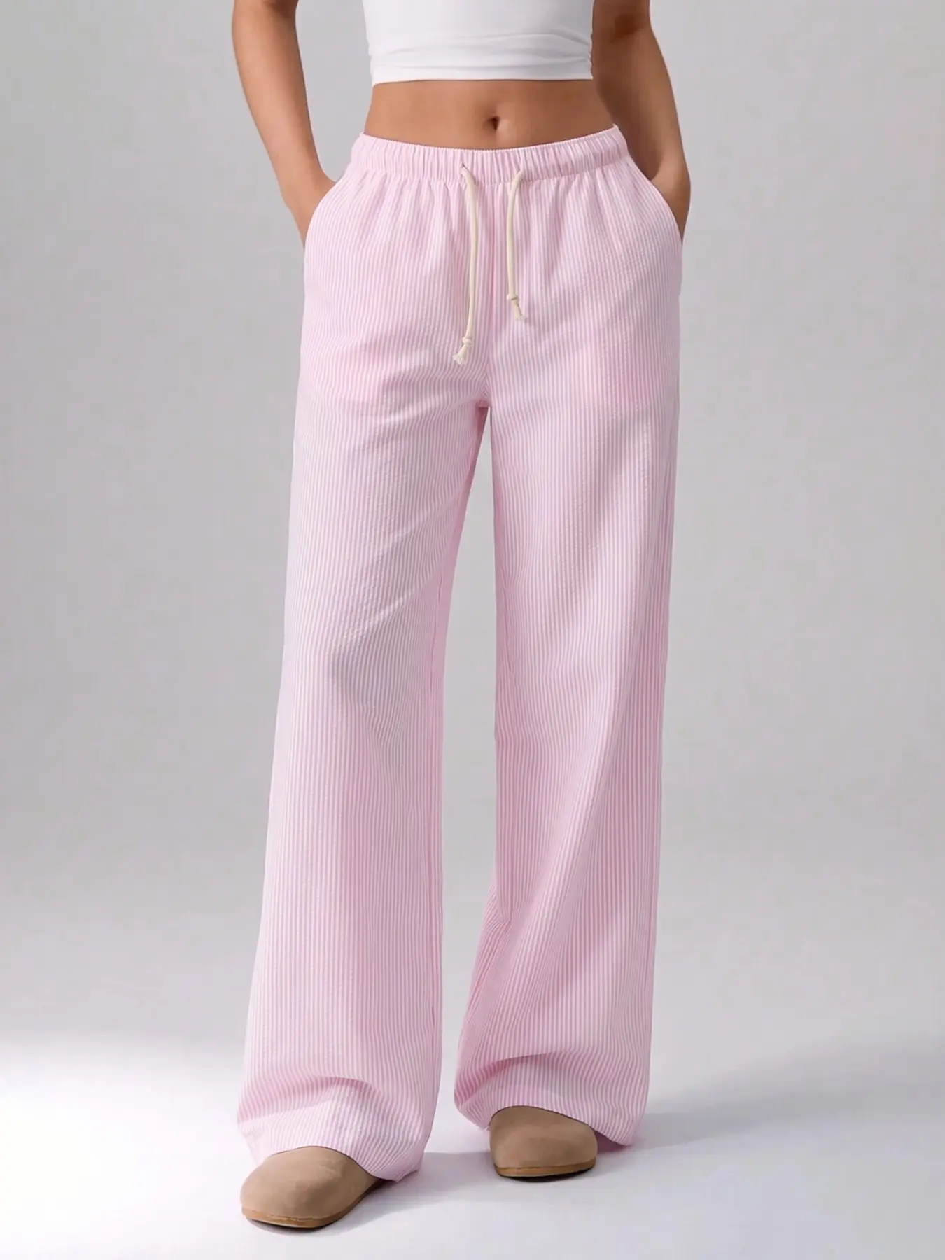 Women Light Pink White Vertical Stripe Drawstring Elastic Waist Straight Wide Leg Pants, Korean Fresh Textured Fabric Floor Length Casual Trousers, Pastel Pinstripe Relax Loungewear Dual Wear Home Street Bottoms #pinkpinstripestraightpants #freshgirlyloun