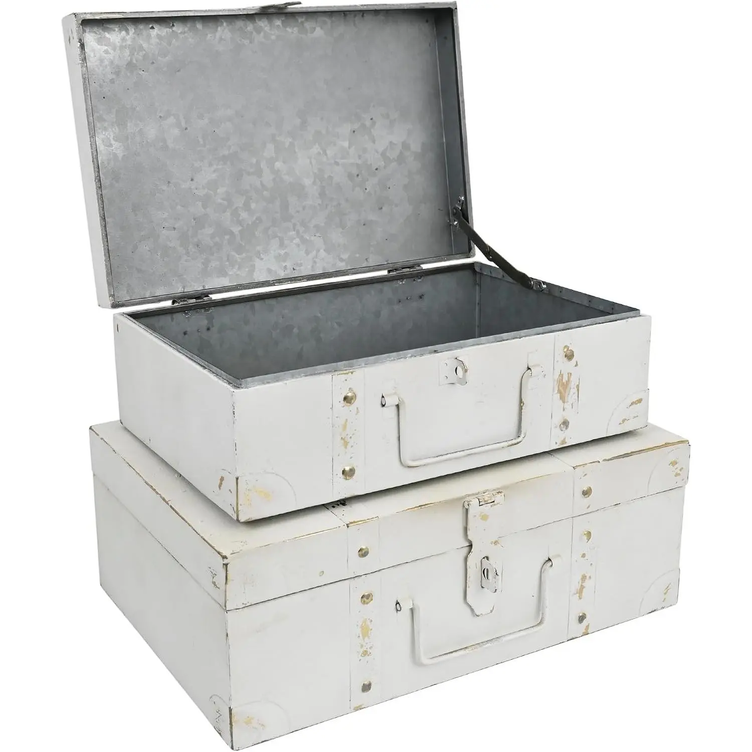 Vintage Metal Storage Trunks - Set of 2, Antique Decorative Storage Chests with Lids, Decorative Suitcase Boxes, Vintage Suitcases for Keepsakes and Home Decor, White