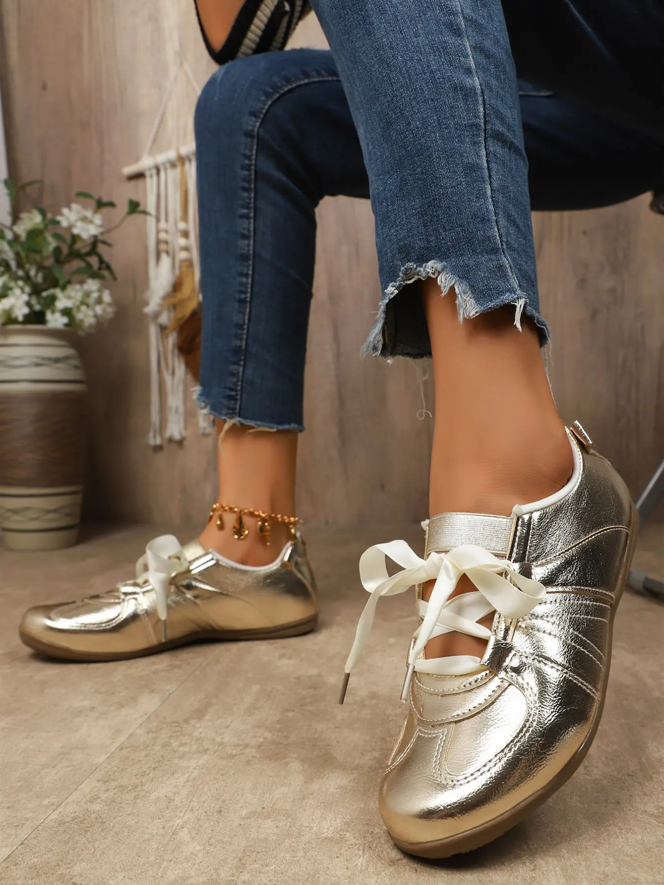 2026 Spring Summer New Arrival, Trendy Trainers, Metallic Cutout Retro Trainer Casual Shoes, Ribbon Bow Lace Up Flat Women Footwear With Back Zipper, Soft Breathable Non-Slip Lightweight Sole Shoes for Daily Commute, Shopping & Outdoor