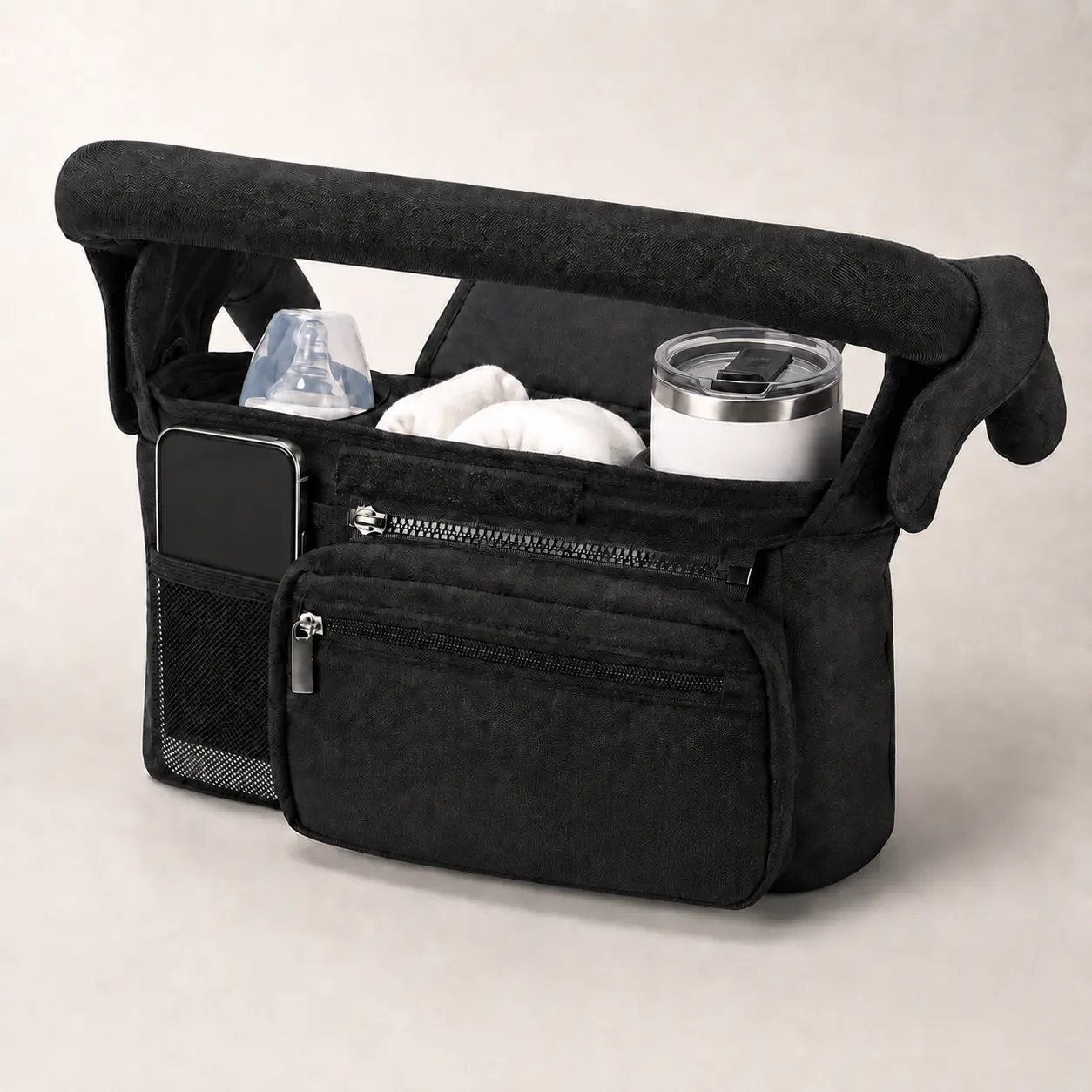 Universal Stroller Organizer with Insulated Cup Holders, Detachable Phone Bag & Shoulder Strap, Multi-Pocket Storage for Baby, Umbrella & Pet Strollers