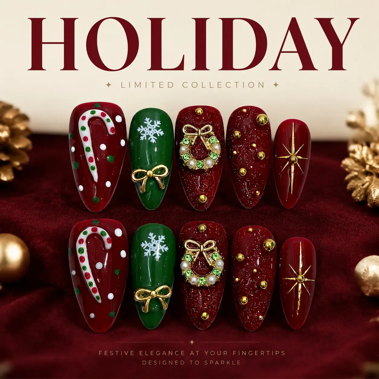 Christmas Theme Glitter Nail Tips, 3D Bow Rhinestone Flower Ring Snowflake Candy Star Decoration, Festive Party Nails