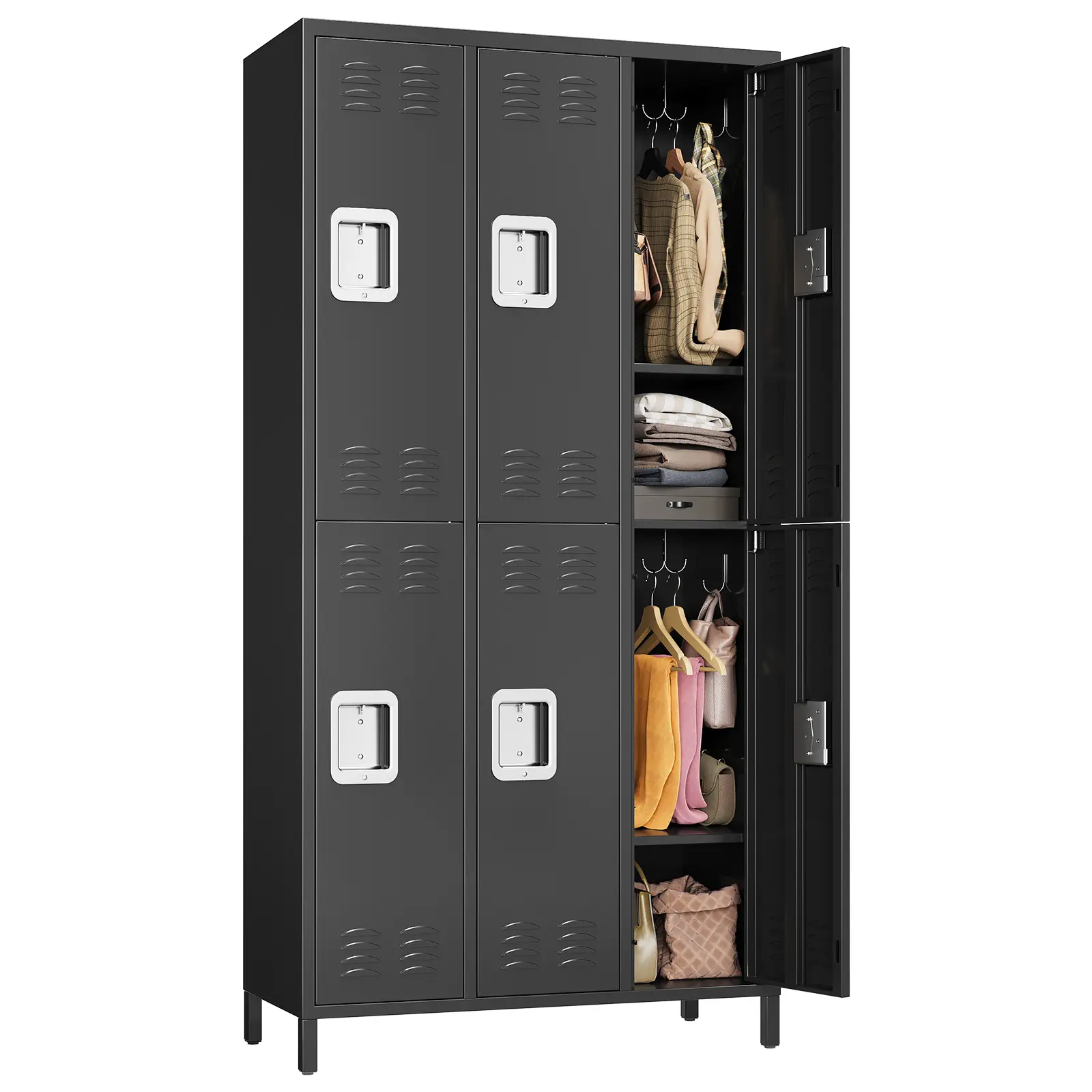 Black Heavy Duty Steel Storage Locker with 6 Doors, 6 Shelves & 12 Hooks, Ventilated Rust-Resistant Cabinet with Secure Locks for Office, School, Gym & Warehouse