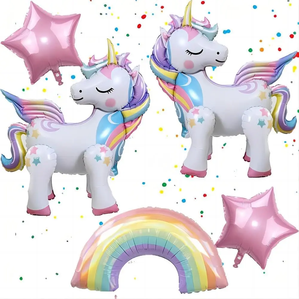 5-Pcs Self-Standing 3D Unicorn Foil Balloons with Rainbow Theme & Unicorn Stars for Birthday Party Decoration Supplies, Rainbow & Star