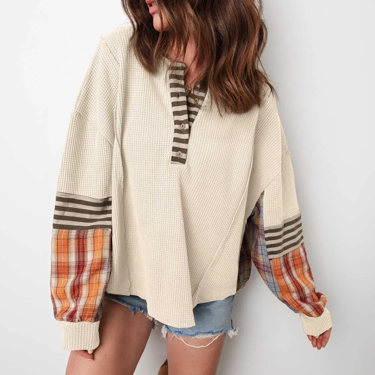 Women’s Waffle Knit Plaid Patchwork Henley Top, Casual Long Sleeve Button Neck Shirt