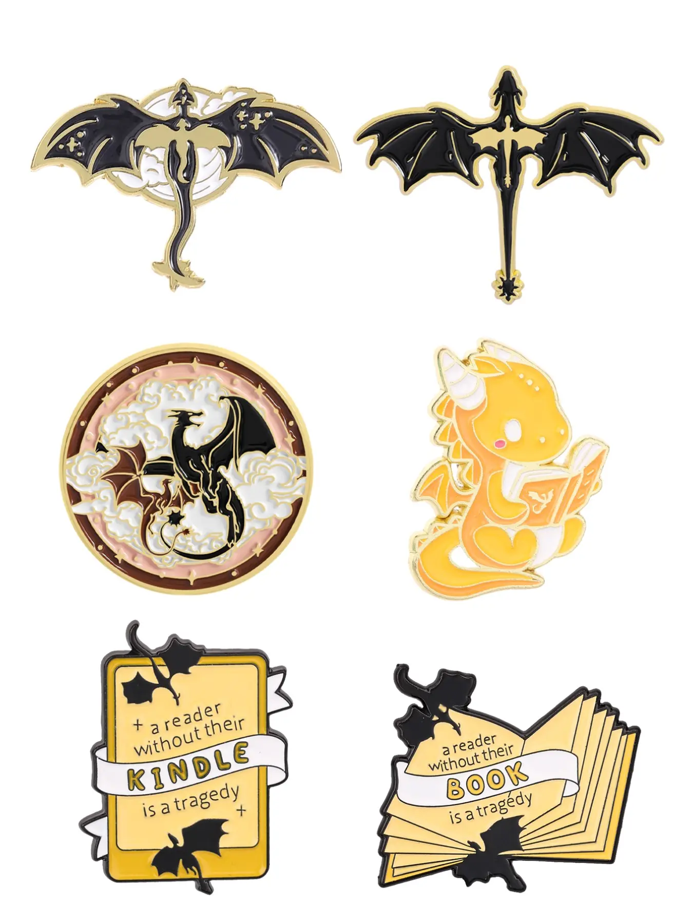 Fantasy Dragon and Book Brooch Set, Dark Flying Dragon + Cute Reading Dragon Badge, Student Party Pin, Unique Accessory Gift, Alloy Brooch Pin, Lapel Pins