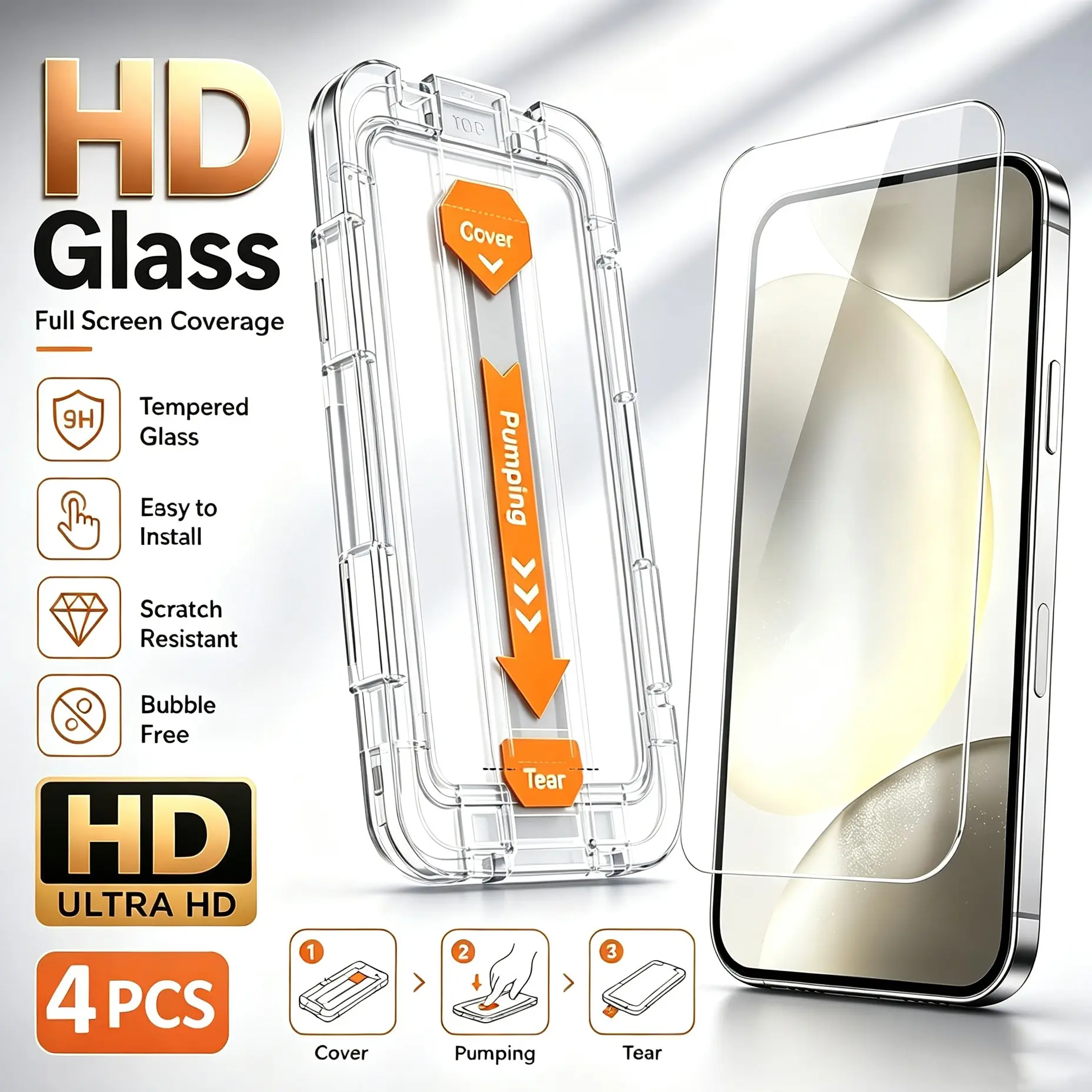 4 pcs 8K Dust Free Installation Tempered Glass Cellphone Screen Protector For Samsung A07 A17 A16 A15 A14 A12 A26 A25 A24 A37 A36 A35 A34 A32 5G A57 A56 A55 A53 A73 A52S A52, Anti-Scratch, Full Coverage, One-Click Installation, Mobile Phone Accessories