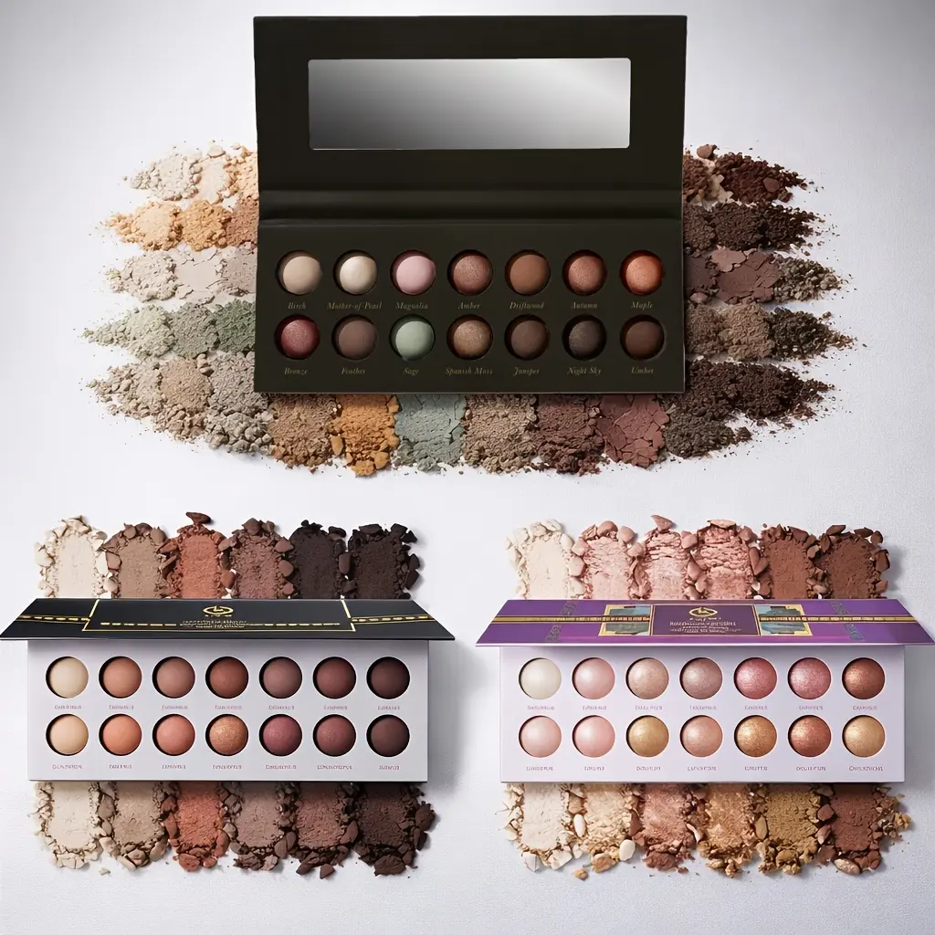 14-color baked ice cream cosmetic eyeshadow palette set - multi-tonal (warm-toned nude/ pink/ brown/ green), matte + shimmer texture, with luxurious mirror-like cover, suitable for daily/ party/ elegant makeup looks Makeup Palettes