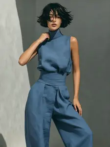 D7024 Refined Linen Athleisure Set, Solid High Neck Sleeveless Top & Wide Leg Pants, Classic Old Money Style.