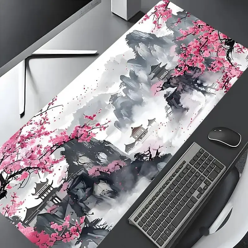 Japanese Cherry Blossom Pattern Mouse Pad, Rectangle Gaming Mouse Pad, Non-slip Rubber Pad, Aesthetic Desktop Decoration Protective Pad for Home Office, Desk Gadgets, Desktop Accessory, Computer Desk Accessories Extended Large Gaming Desk Mouse Pad
