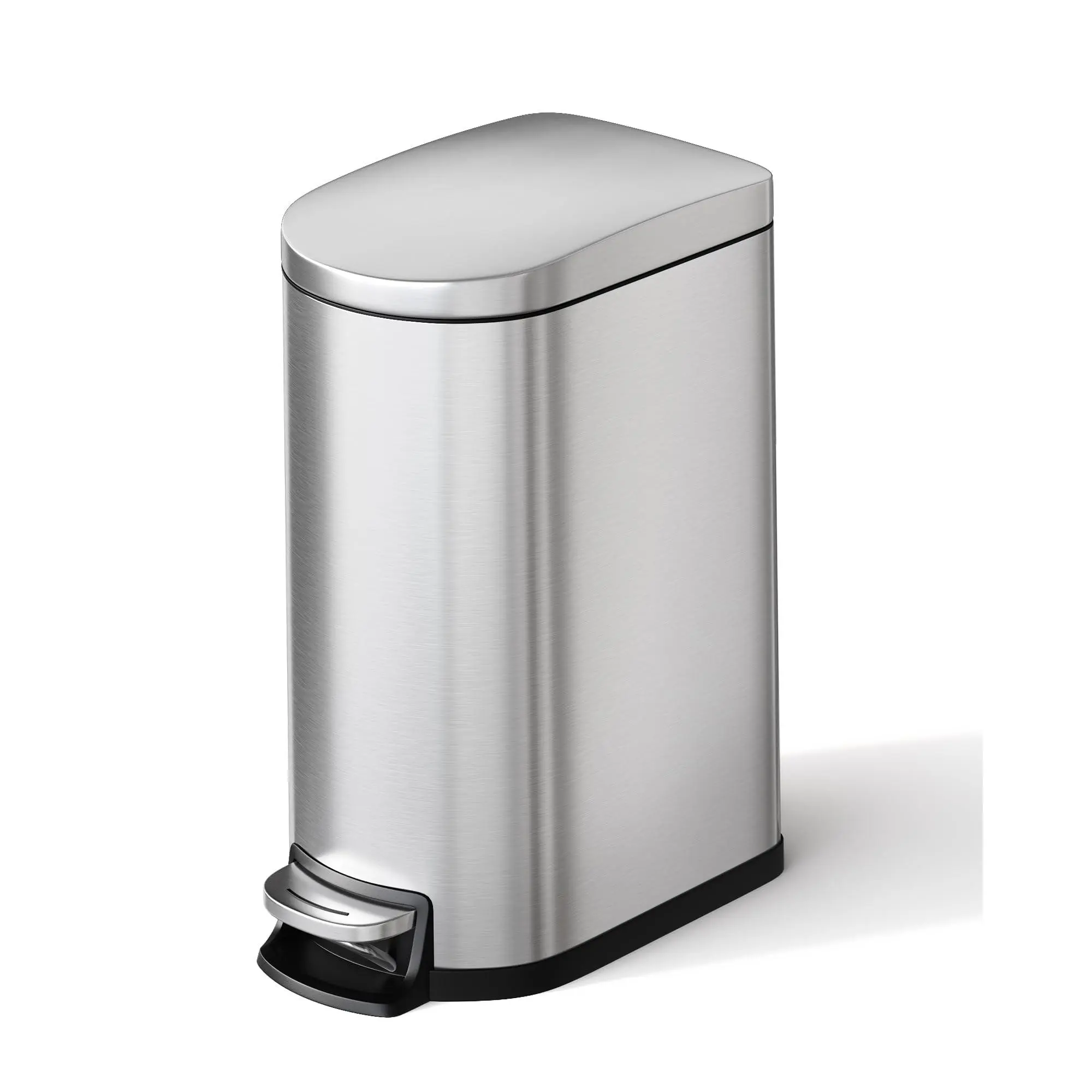 1.6gal/6L Stainless Steel Step-On Bathroom Trash Can with Soft Close Lid, Slim Single Unit Bin, Waterproof Inner Bucket, Rear Handle, Silver, Bathroom Use