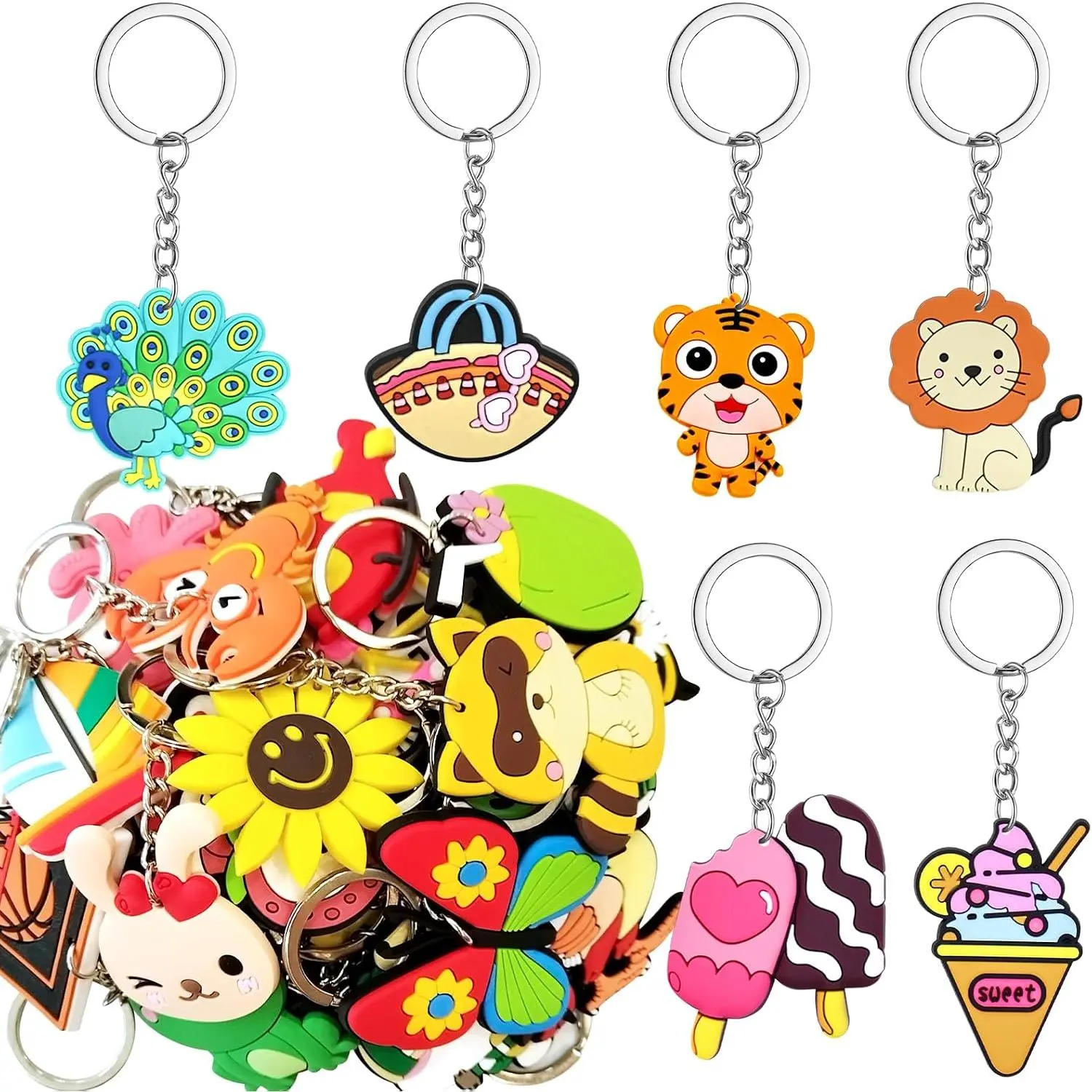 30/50pcs Large size thicken Cute Bulk Keychains,Non-Repeat Cartoon Key Chains Backpack Charms for Classroom Prizes Students Incentives Holiday Gifts Party Favors