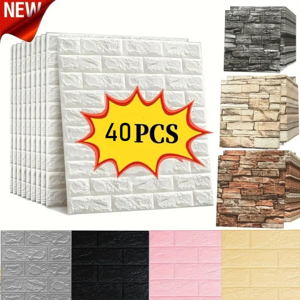 40pcs Brick Pattern Wallpaper Stickers, Self-Adhesive Foam Wall Decals, Easy Install, Cuttable Sizes, TV Background, Living Room, Bedroom, Office Decor