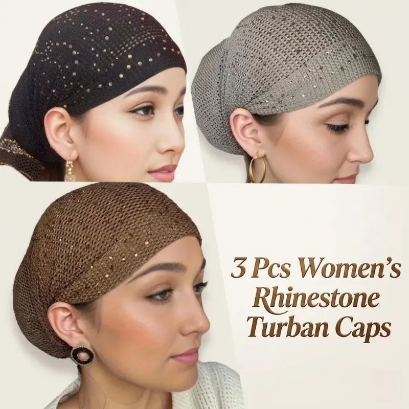 Rhinestone Turban Caps for Women, 3 Pcs Mixed Colors Fashion Stretch Head Wraps, Casual Hair Accessories for Travel, Beach, One-Size