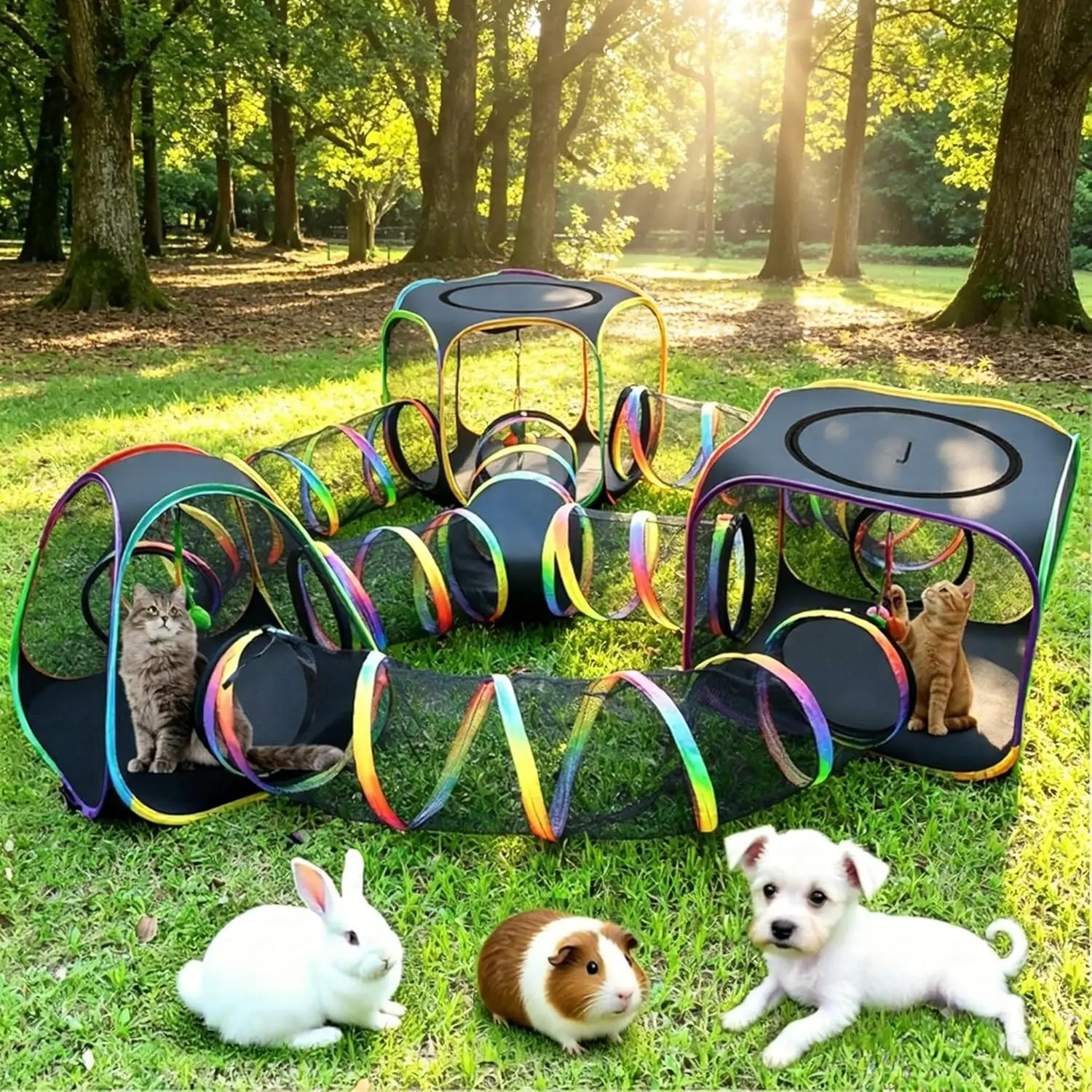 Outdoor Rainbow Cat Enclosure, 7 in 1 Portable Cat Tents for Outside Cage Free Pop up Pet Enclosure Cat Tunnel Outdoor Playground for Indoor Cats and Small Animals
