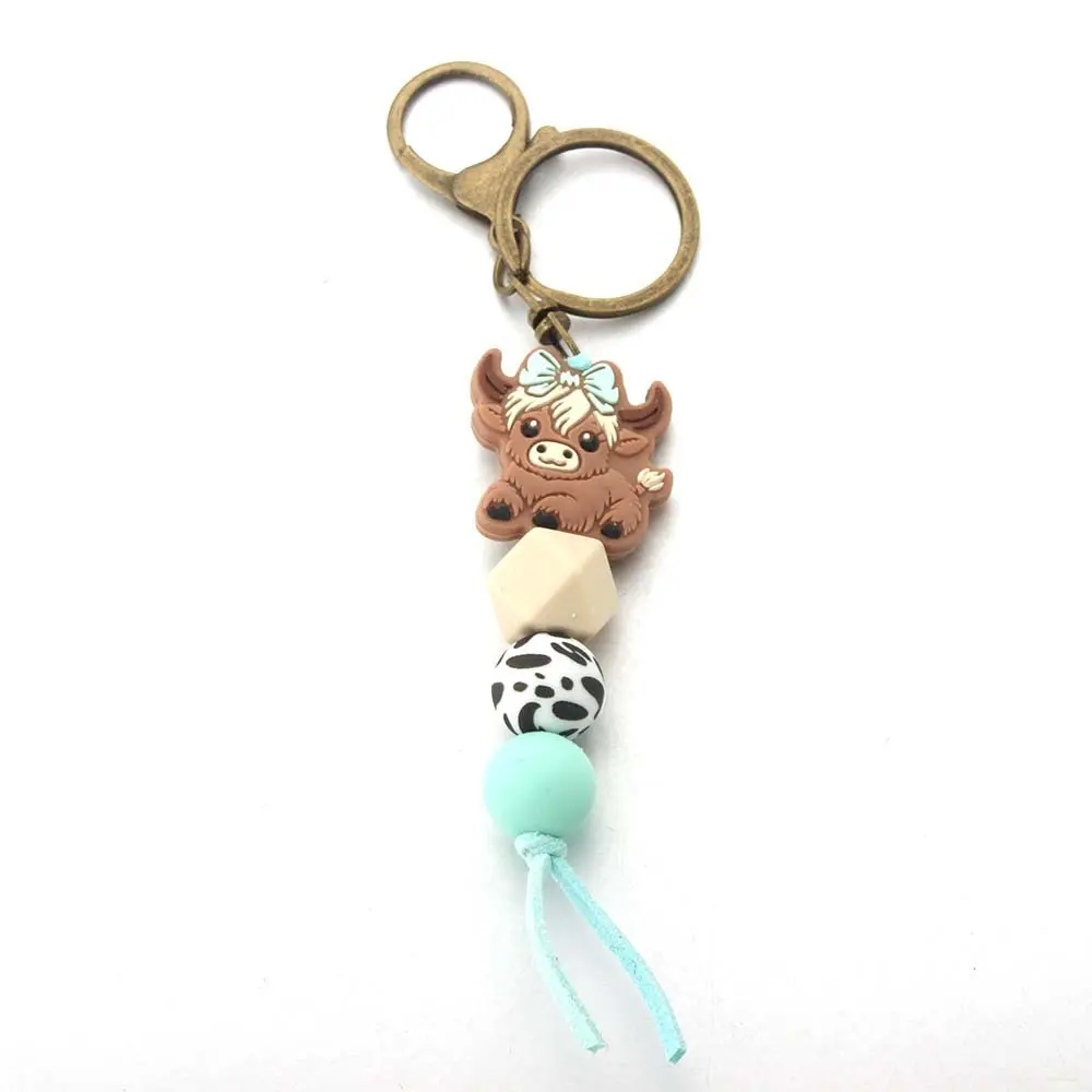 Highland Cow Keychain Cute Silicone Beaded Keyring - Tassel Cow Print Bead Cartoon Animal Pendant, Anti-Lost Backpack Accessory For Cow Lover Gift
