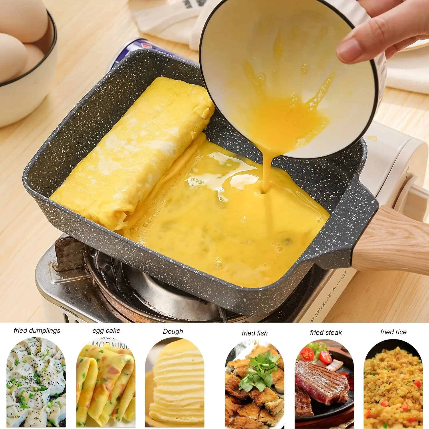 1pc Black 5.9*7.28in Tamagoyaki Pan Square Japanese Omelette Pan,Non-stick Egg Roll Pan,Rectangle Frying Pan Wood Handle Kitchenware