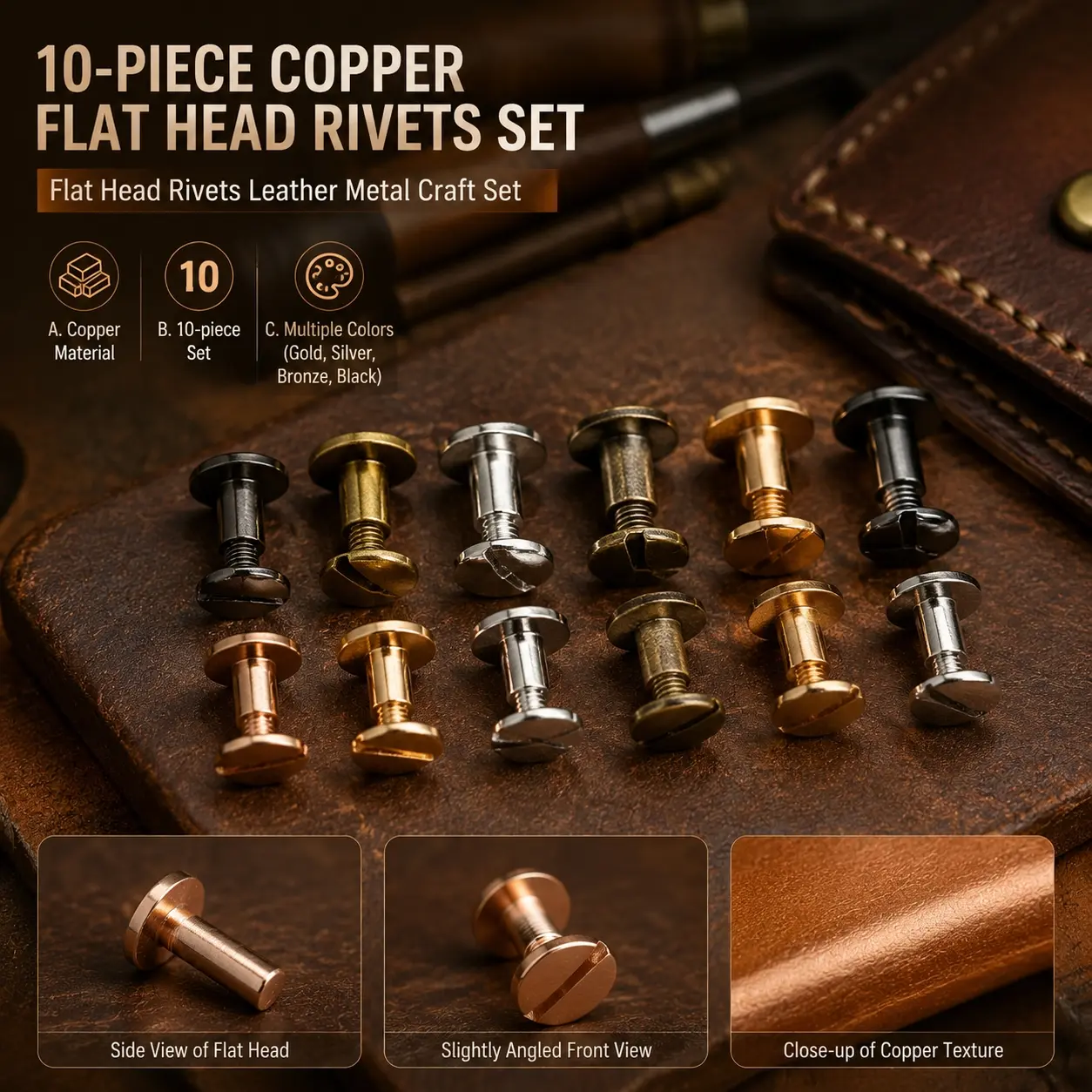 Industrial Metal Binding Screw Rivet Kit, Heavy Duty Brass Fasteners for Leather Craft, DIY Repair Tools, Album Calendar Menu Fixing, Durable Hardware Accessories Set