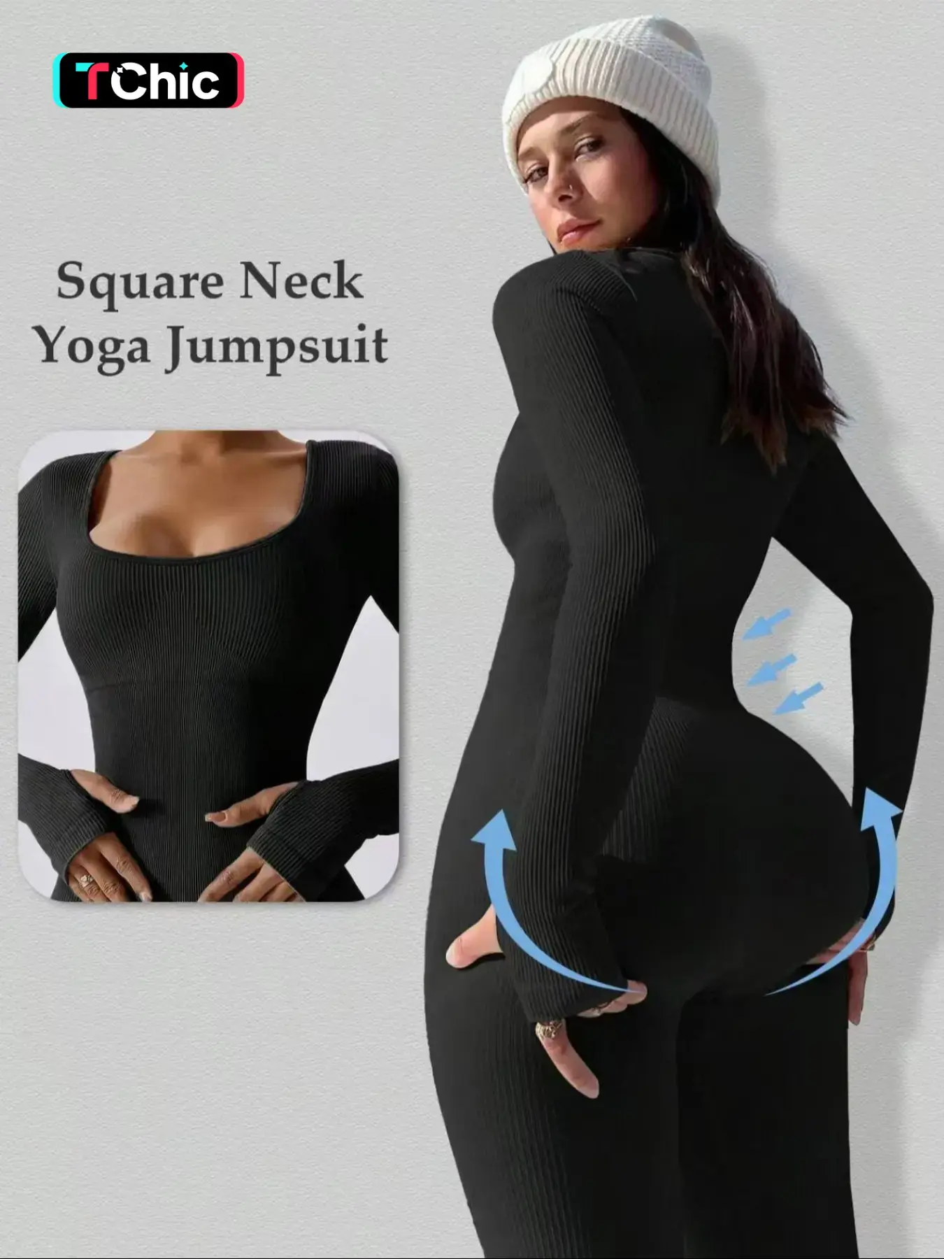Women's Long Sleeve Sporty Jumpsuit, Waist Cinching Square Neck, Above Ankle Pants, Essential Fitness Gear, Comfortable Fashion Workout Clothes, Yoga Workout Jumpsuits, Square Neckline Jumpsuit, Plain Jumpsuits