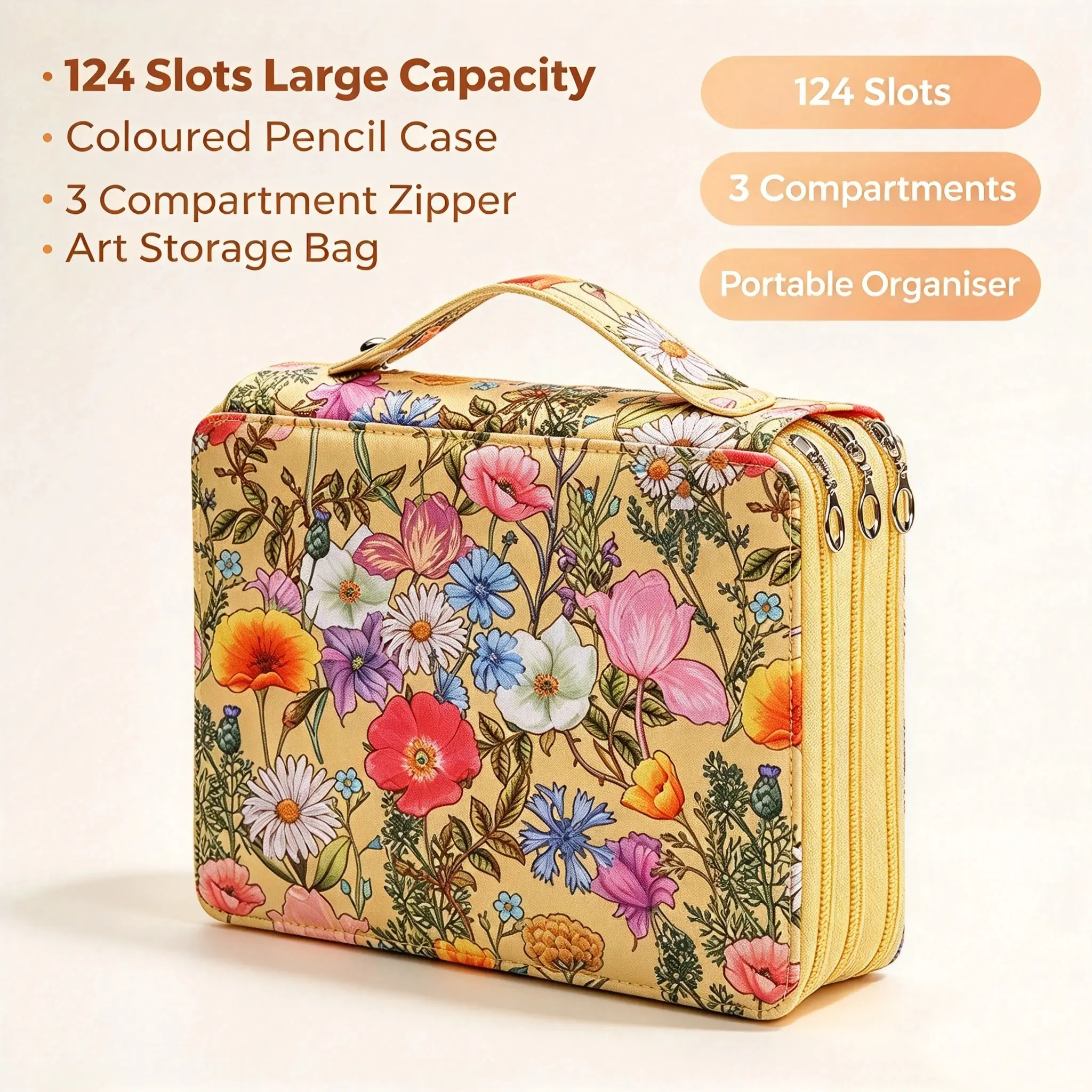 124 Slots Large Capacity Coloured Pencil Case, 3 Compartment Zipper Art Storage Bag, Portable Pen Organiser for Markers, Crayons, Artists, Students & Kids, Highlighter Storage Bag