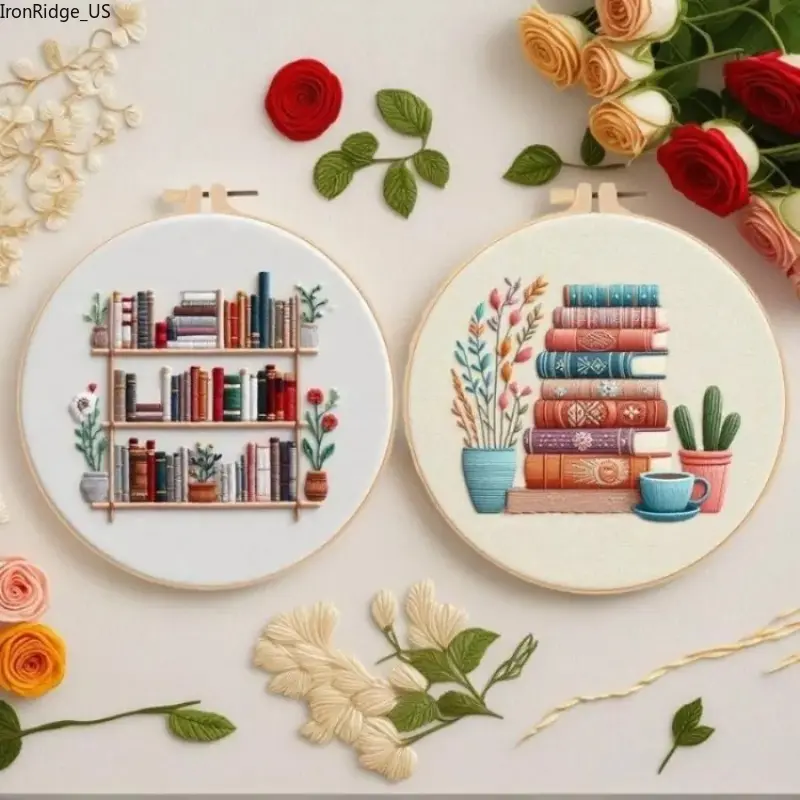 DIY Embroidery Kit for Beginners, Potted Plants & Books Pattern, Complete Starter Set with Cotton Fabric, Embroidery Thread & 8‑Inch Hoop Frame, Easy‑Use Handcraft Cross‑Stitch Supply
