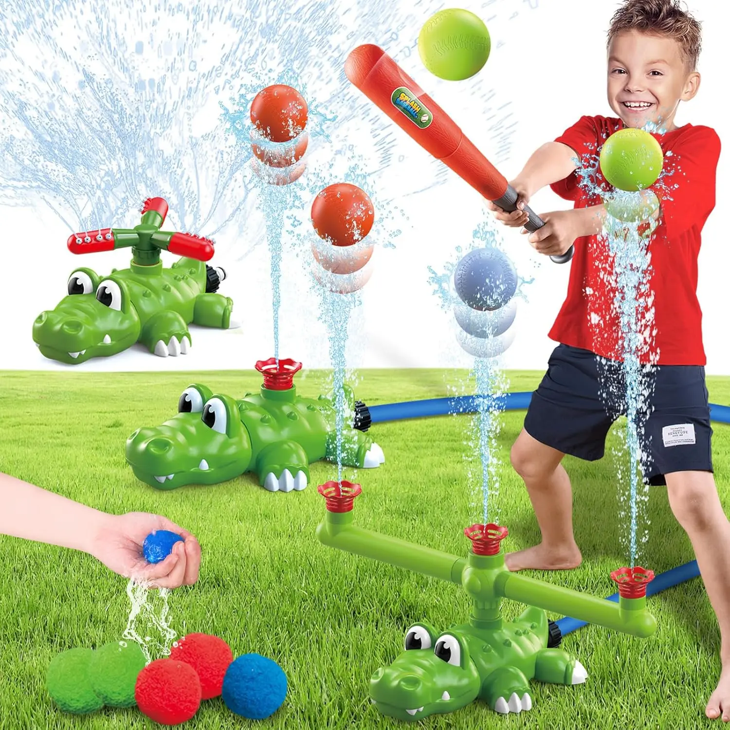 Unisex 4-in-1 Animal-Themed Plastic Crocodile Water Sprinkler T-Ball & Water Ball Set - 4.3in Sports Backyard Outdoor Summer Toys for Kids Ages 3-8, Kids Water Sprinkler