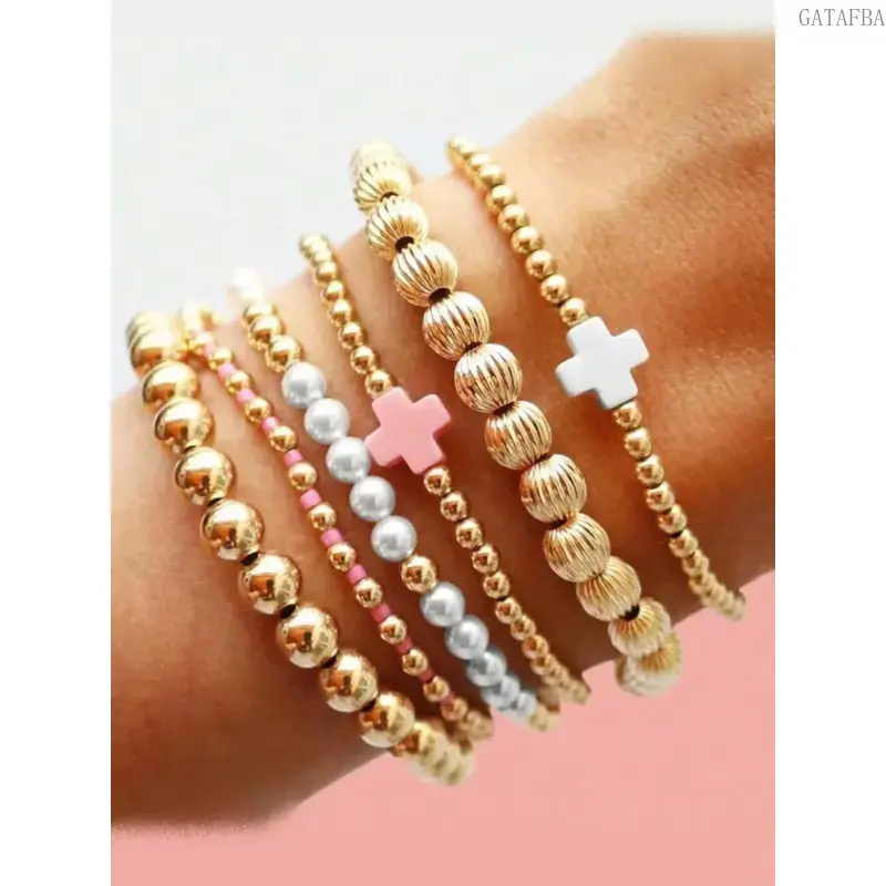 Women's 6Pcs Golden Stackable Beaded Bracelet Set - Trendy Paperclip Cross Layered, Exquisite Ball Bead Bangles, Non-Tarnish Hypoallergenic Dainty Female Layering Jewelry, Daily Party Gift Accessories (summerwins), Ball Bead Bracelet, Exquisite Bracelet