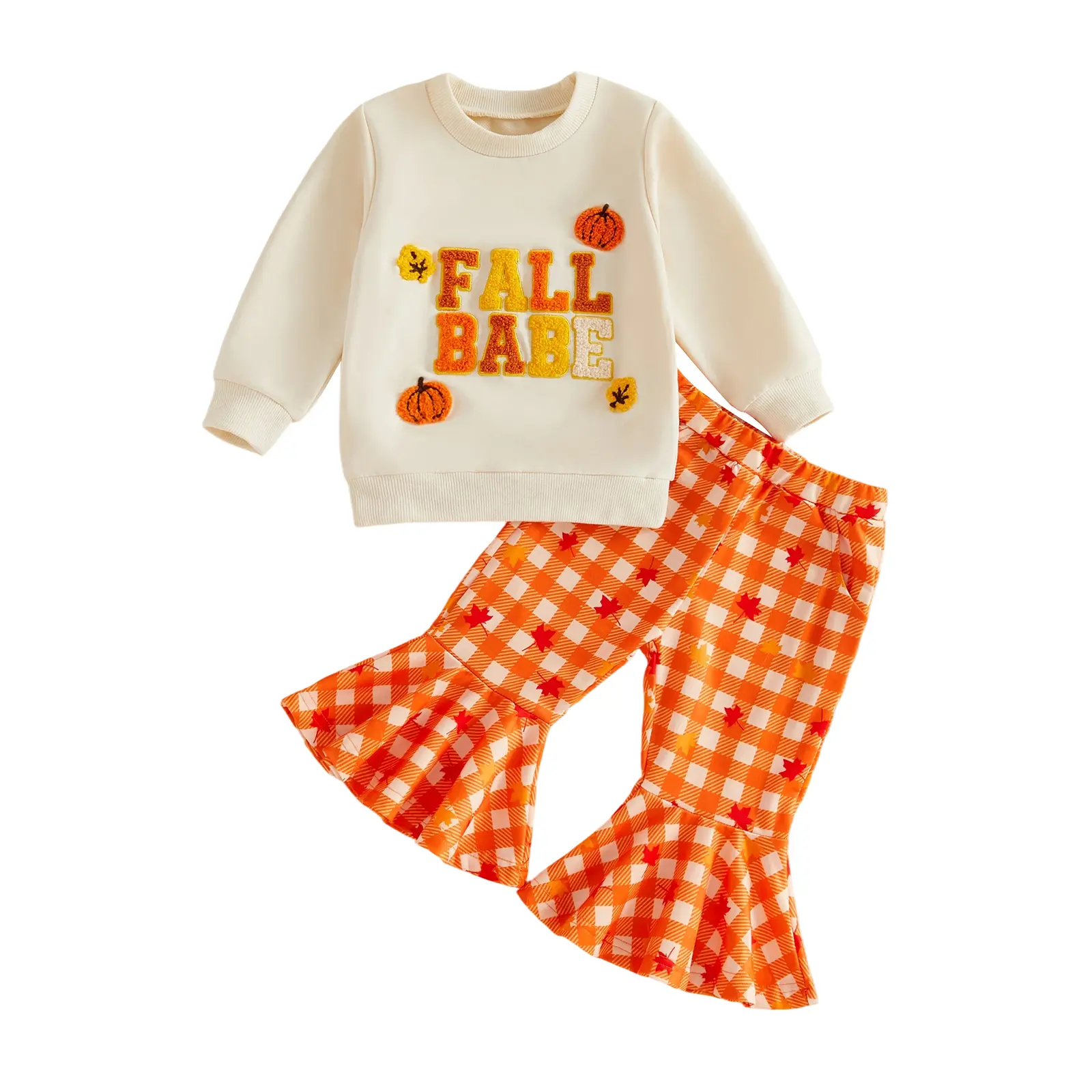 Toddler Baby Little Girl Thanksgiving Outfits Letter Embroidery Long Sleeve Pullover Sweatshirt Plaid Flare Pants Set Fall Winter 6M-4T