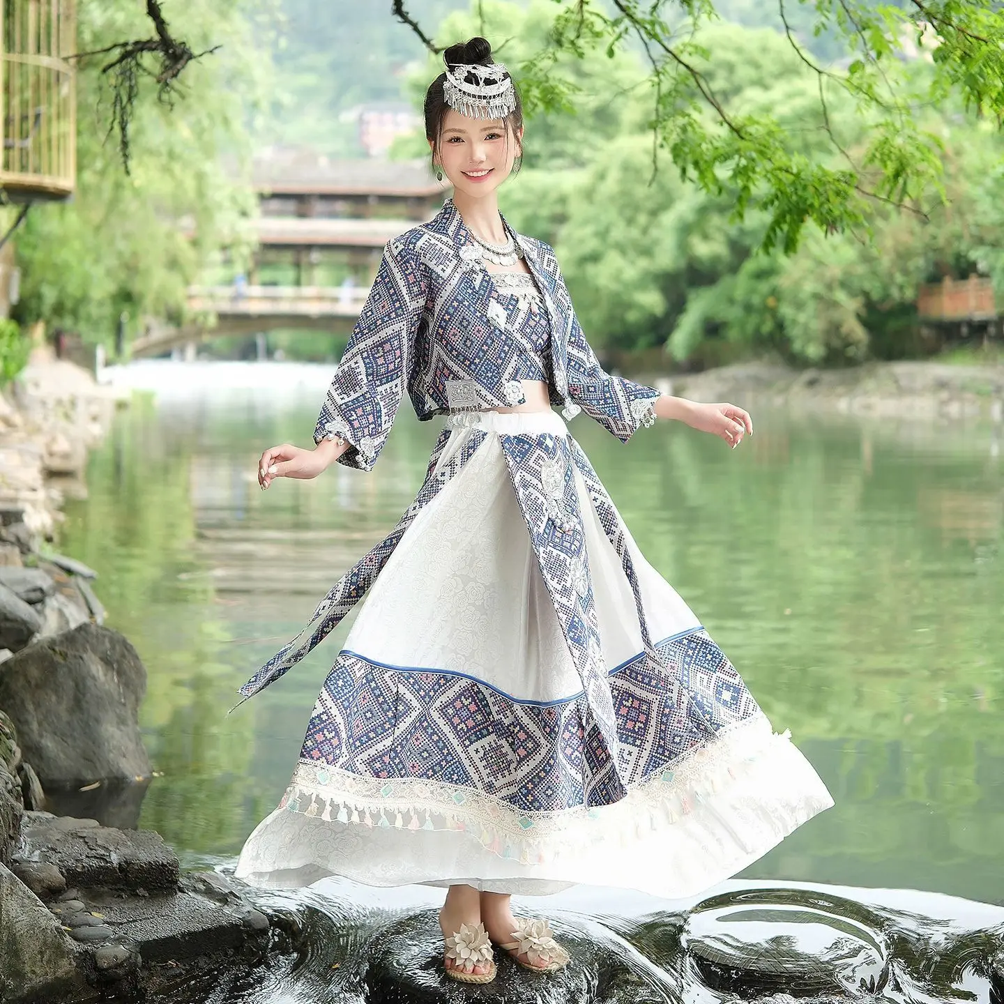 Hmong Miao Batik Textile Styling Set - Top, Bustier & Skirt for Photo Shoots