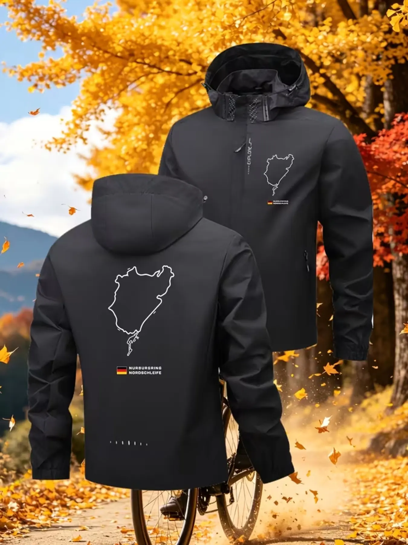 Nurburgring North Loop Theme Men's Spring Fall Windproof Sports Jacket, Hooded Multi-Pocket Design, Breathable Quick-Dry Durable Comfortable