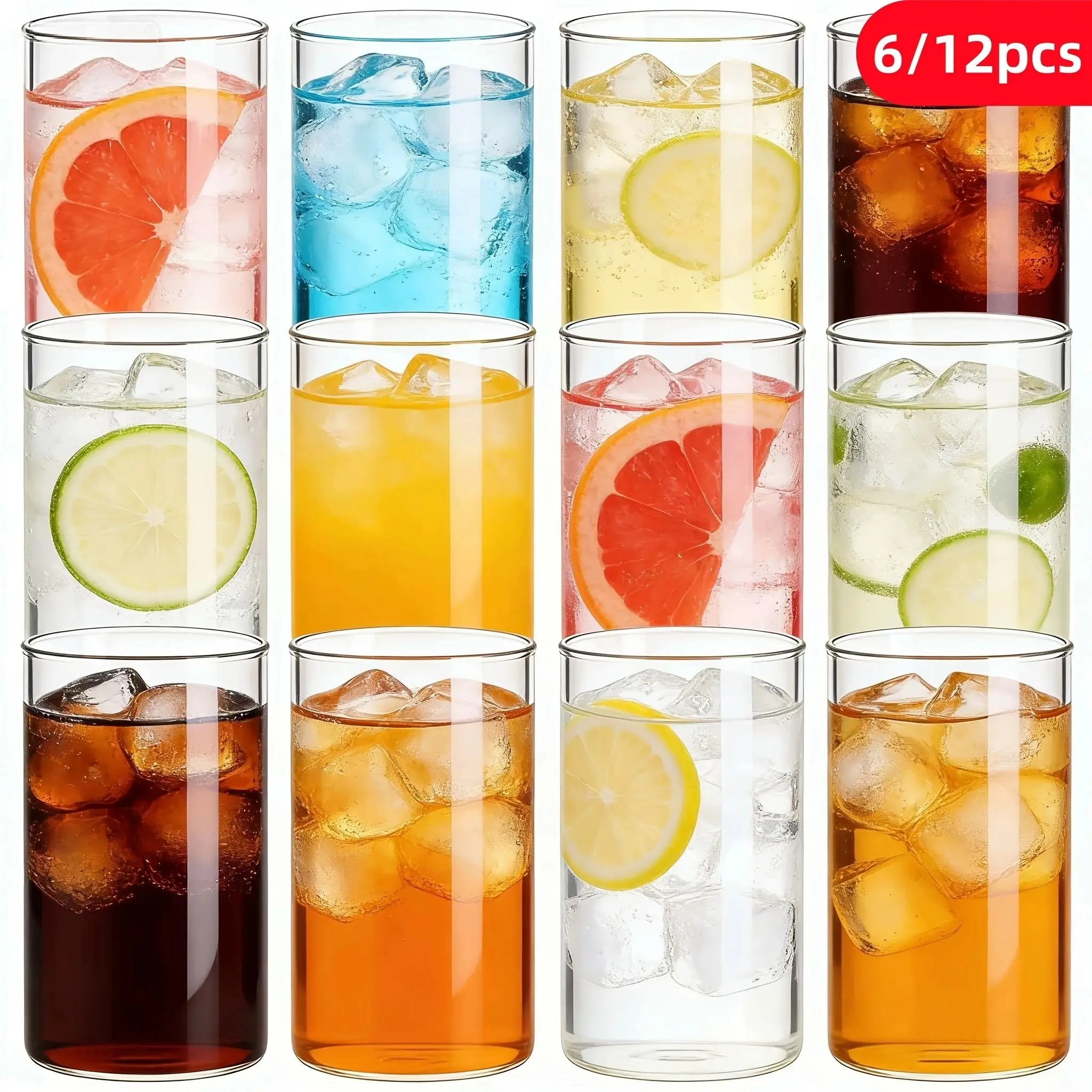 6/12Pcs 320ml Transparent Straight Glass Cups, Stackable Clear Tumblers Glassware For Iced Tea, Juice, Milk, Soda, Iced Coffee, Cocktail Cold Drinks, Dishwasher Safe Reusable Household Glass Cups, Perfect For Home, Cafe, Bar, Restaurant, Party Picnic