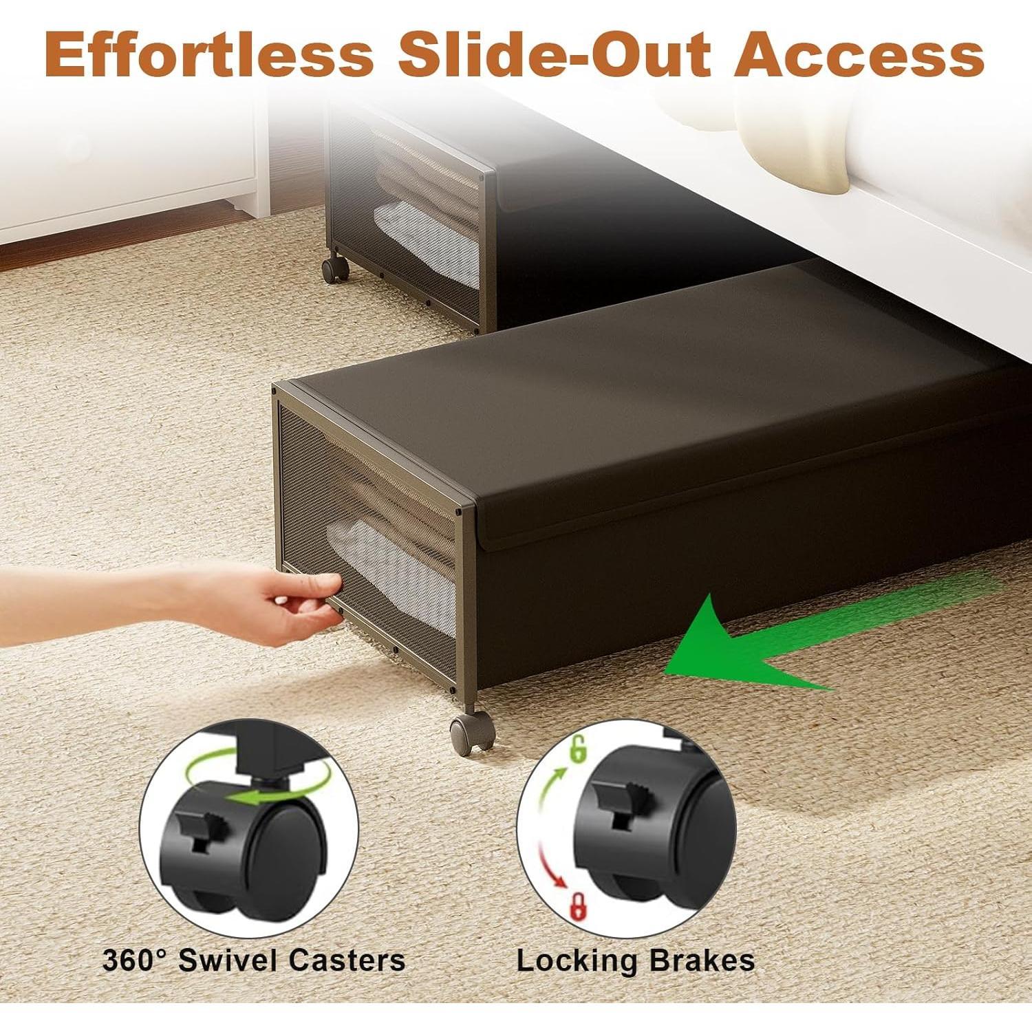 2 Pack Under the Bed Storage Containers,10 inch Height Under Bed Shoe Storage,31inch Long Underbed Storage with Wheels,Large Rolling under bed Clothes Storage Drawers with Lid for Dorm Tall ,Black