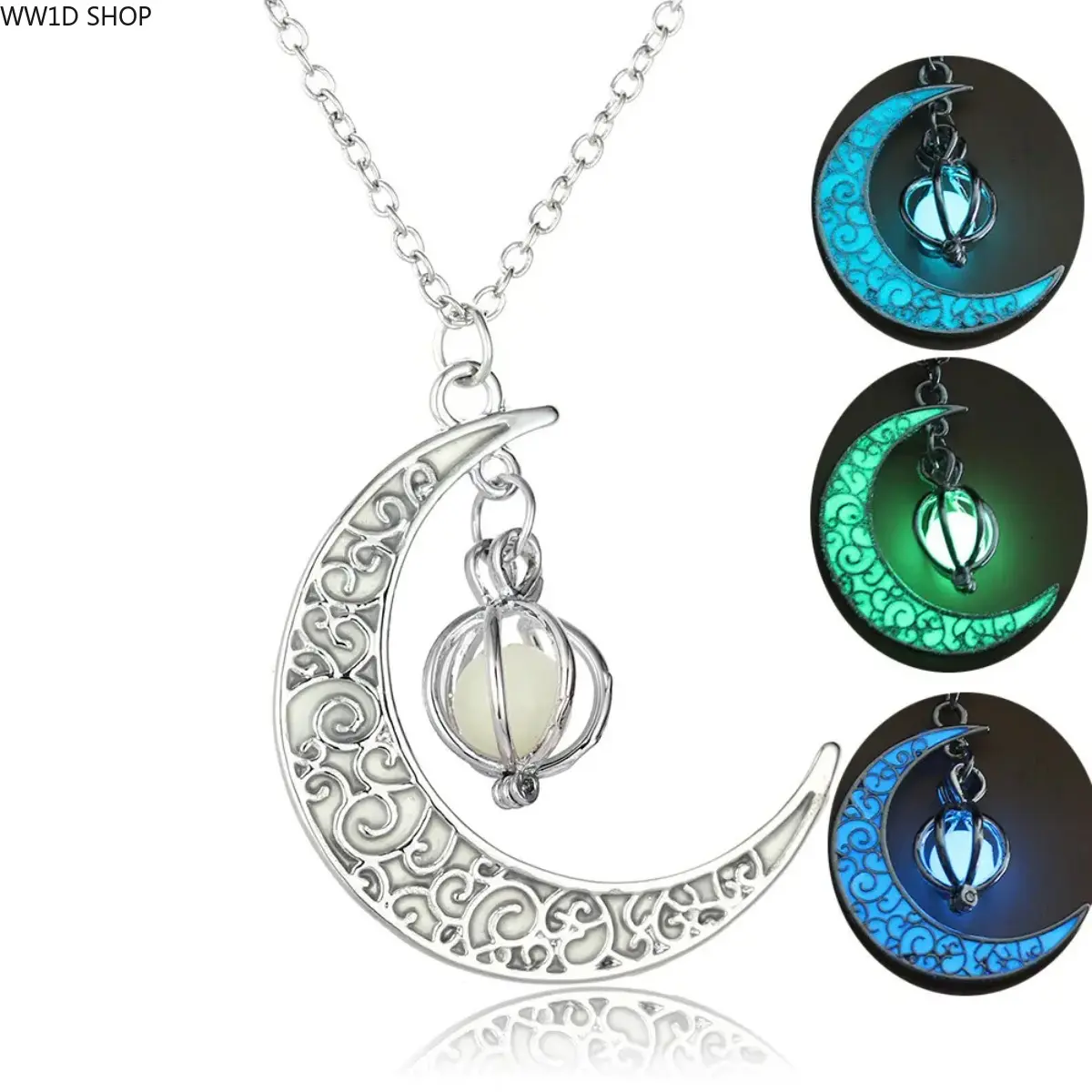 Moonstone Crescent Moon Necklace, Celestial Glow in the Dark Pendant, Meaningful Womens Gifts for Mom on Mother's Day, Sunlight, Charge In Sunlight, Indoor Light Bulb