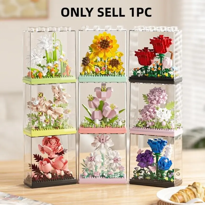 300+pcs Mini Building Block Flower Bouquet with Transparent Display Box, DIY Floral Model, Creative Building Blocks Model, Romantic Gift for Valentine's Day, Birthday, Mother's Day