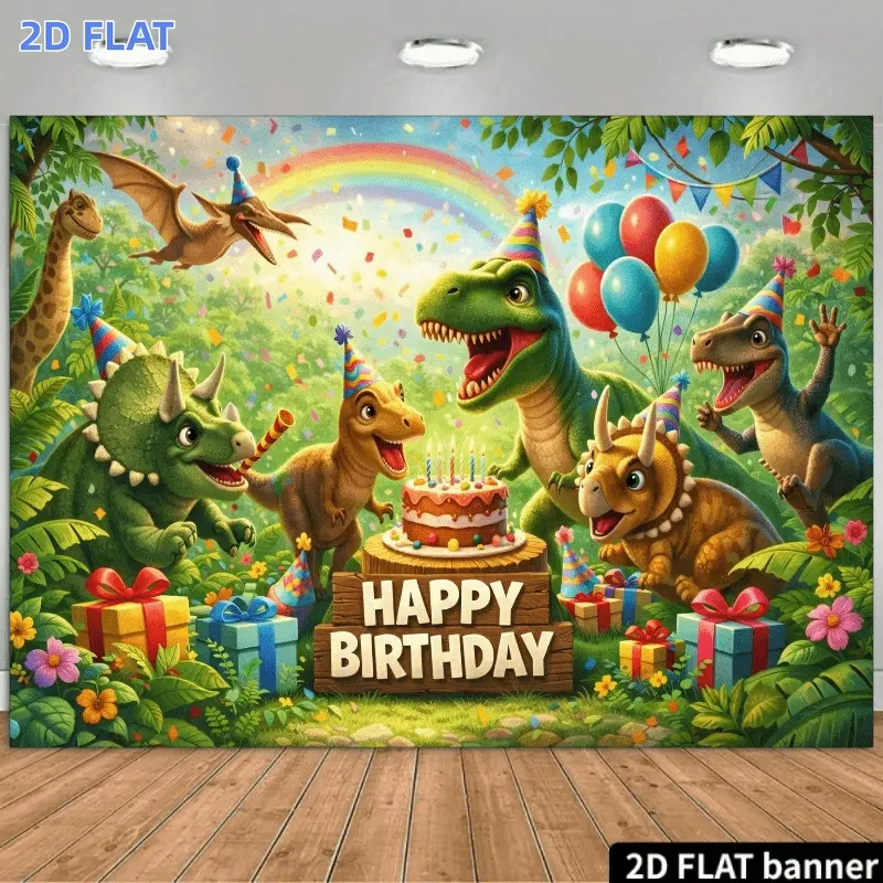 2D Flat Banner 1pc, Dinosaur Birthday Decorations, Birthday Party Supplies, 2D Dinosaur-Themed Birthday Backdrop Features Cartoon Dinosaurs with Colorful Party Hats around Birthday Cake, Background has Tropical Jungle