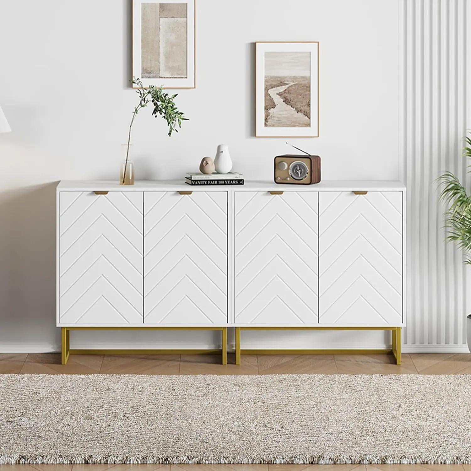 Modern Sideboard Cabinet Set of 2 - Herringbone Doors, Storage Shelf, Wood Accent Credenza for Dining Room Living Room