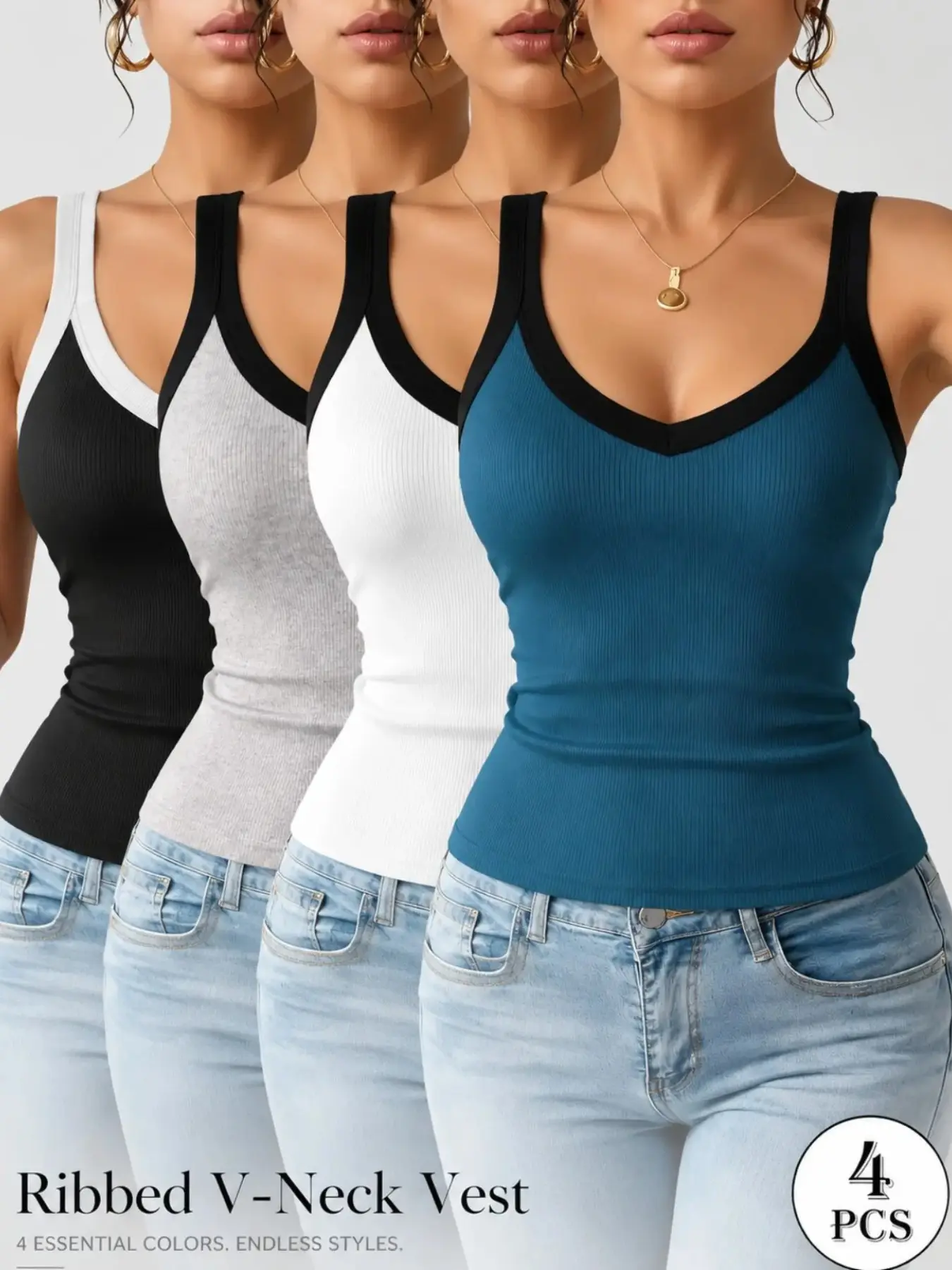 🔥4-Pack& Color-Block Tank Tops! Conceals side bulges-a sexy V-neck, U-back, ribbed basic top!