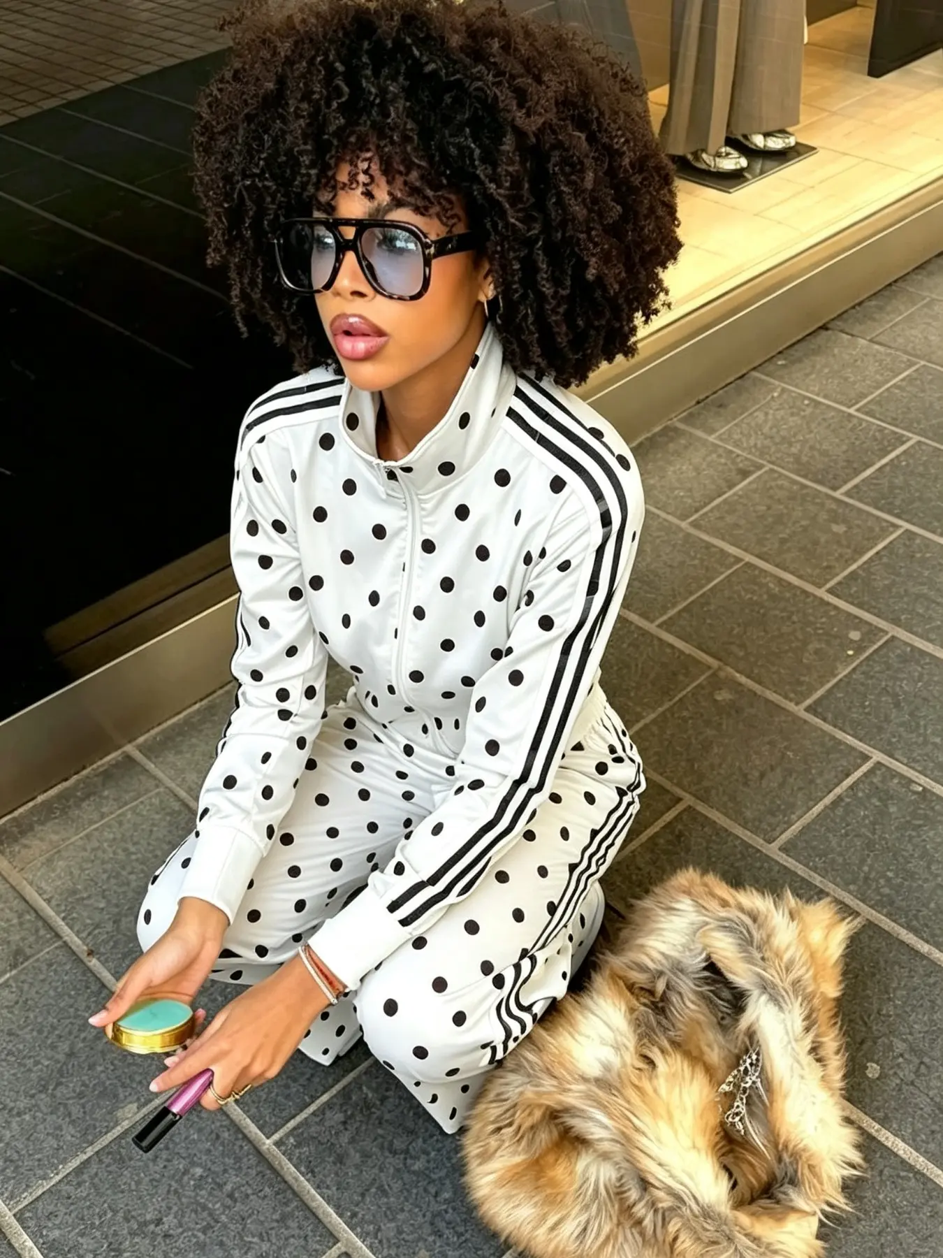 Women's 2 Piece Set Polka Dot Three Stripes Casual, Vintage Sporty Long Sleeve Stand Collar Zipper Jacket, Wide Leg Pants for Daily Commute