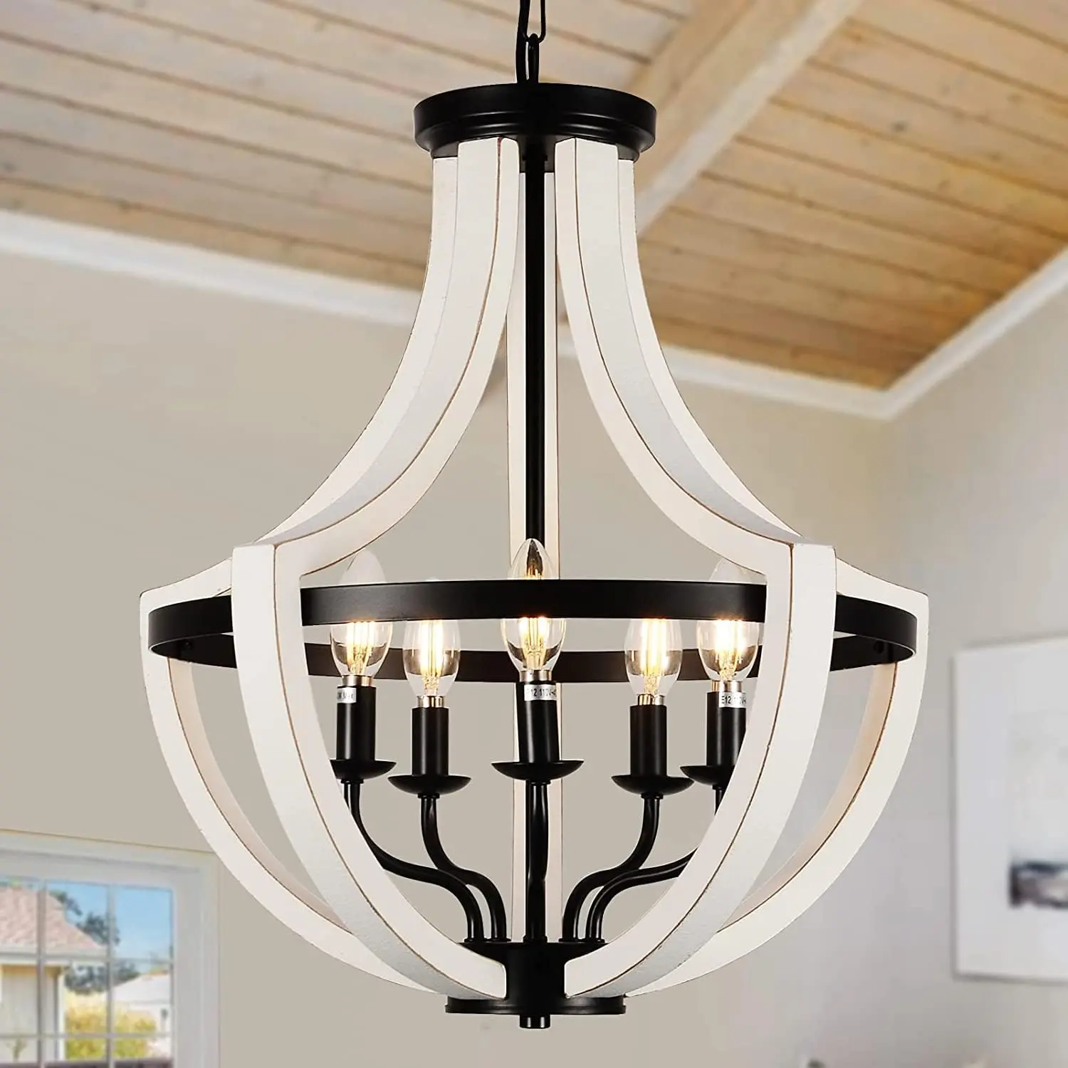 Modern White Solid Wood Chandelier - Contemporary Ceiling-Hanging Light Fixture with Candle-Style Design for Dining Rooms, Living Room Home Decor, 1 Pack, Home Supplies