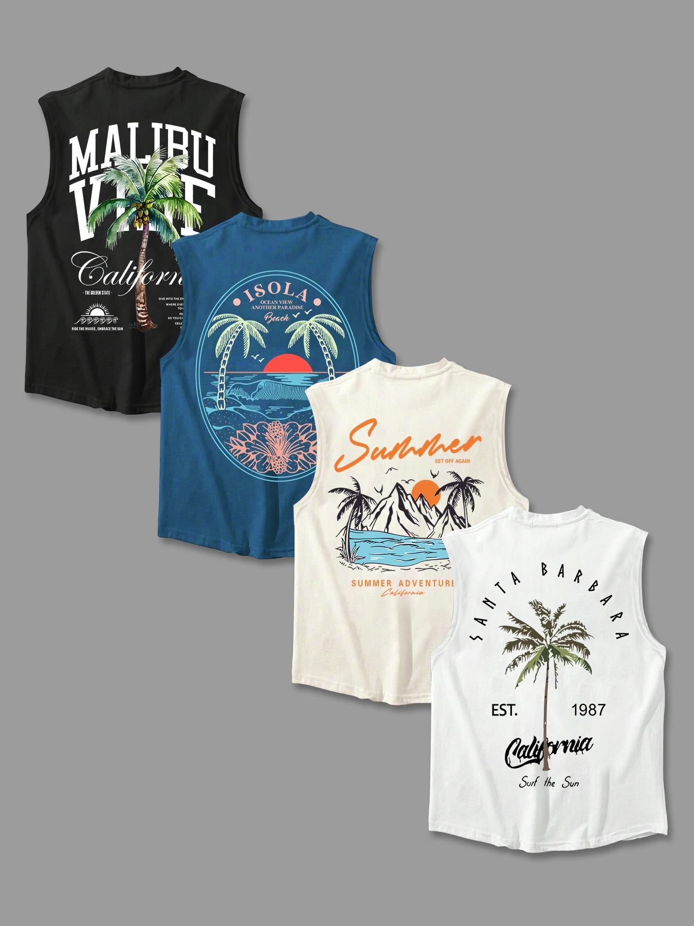 Men's Letter & Tropical Print Round Neck Tank Top, Regular Fit Casual Sleeveless Crew Neck Vest for Summer, Men's Top for Daily Wear, Sleeveless Tank Tops