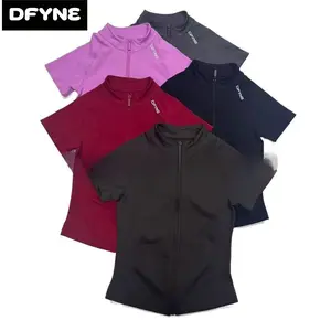 DFYNE Seamless Full Zip Short Sleeve Jacket for Women Cropped Gym Workout Top Mock Neck Running Cardigan Snatched Waist Athletic Apparel