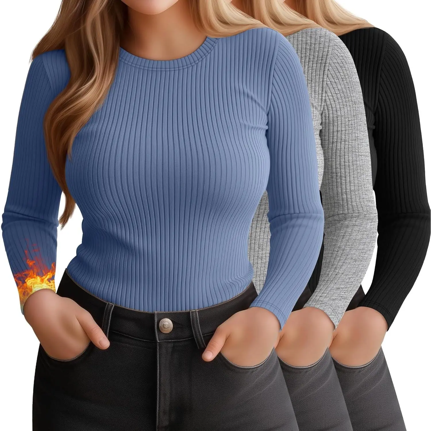 3 Pack Plus Size Thermal Shirts for Women Long Sleeve Ribbed Knit Underwear Tops Base Layer Tee