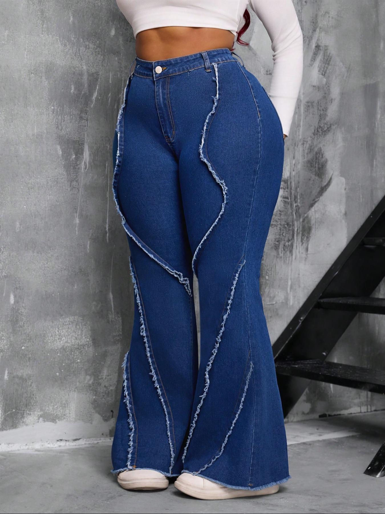 【Plus Size】 Solid Color Flare Leg Denim Jeans, Fashion Casual Bell Bottom Trousers for Daily Outdoor Wear, Women Plus Clothing for All Seasons