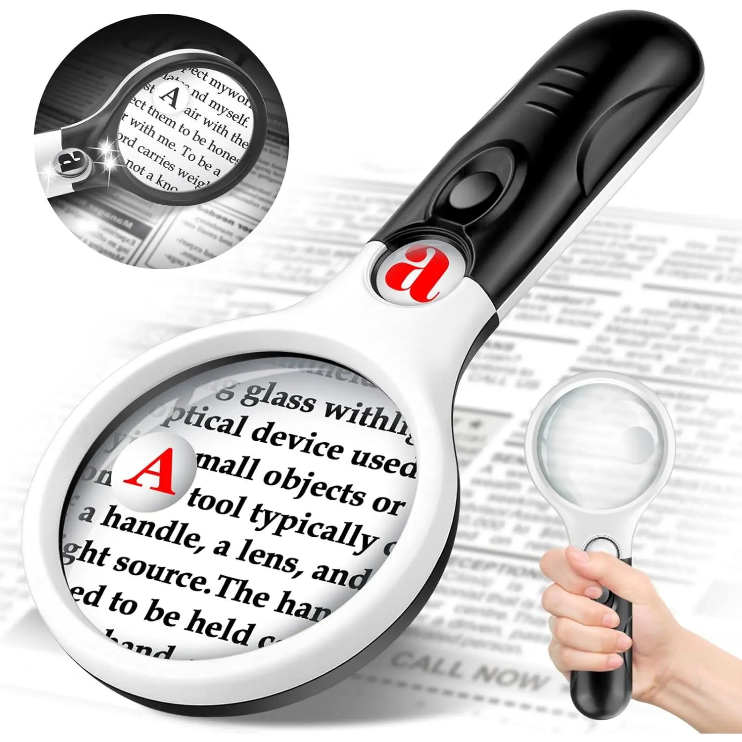 Compact Magnifying Glass with Lights, 45X 10X 5X Small Handheld Lighted Magnifier with 3 LED Light for Reading Small Prints & Low Vision Seniors B&W