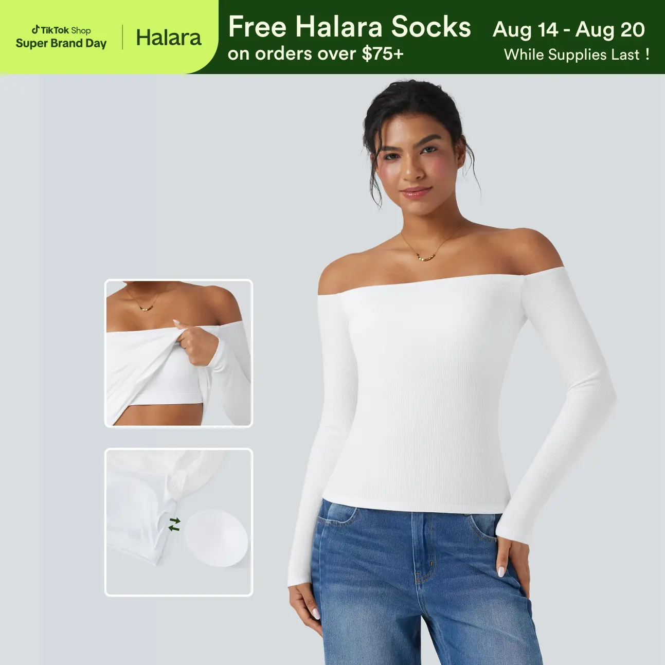 【Creator’s Pick】Halara Ribbed Knit Off Shoulder Long Sleeve 2-in-1 Casual Top#TikTokShopSpringGlowUp