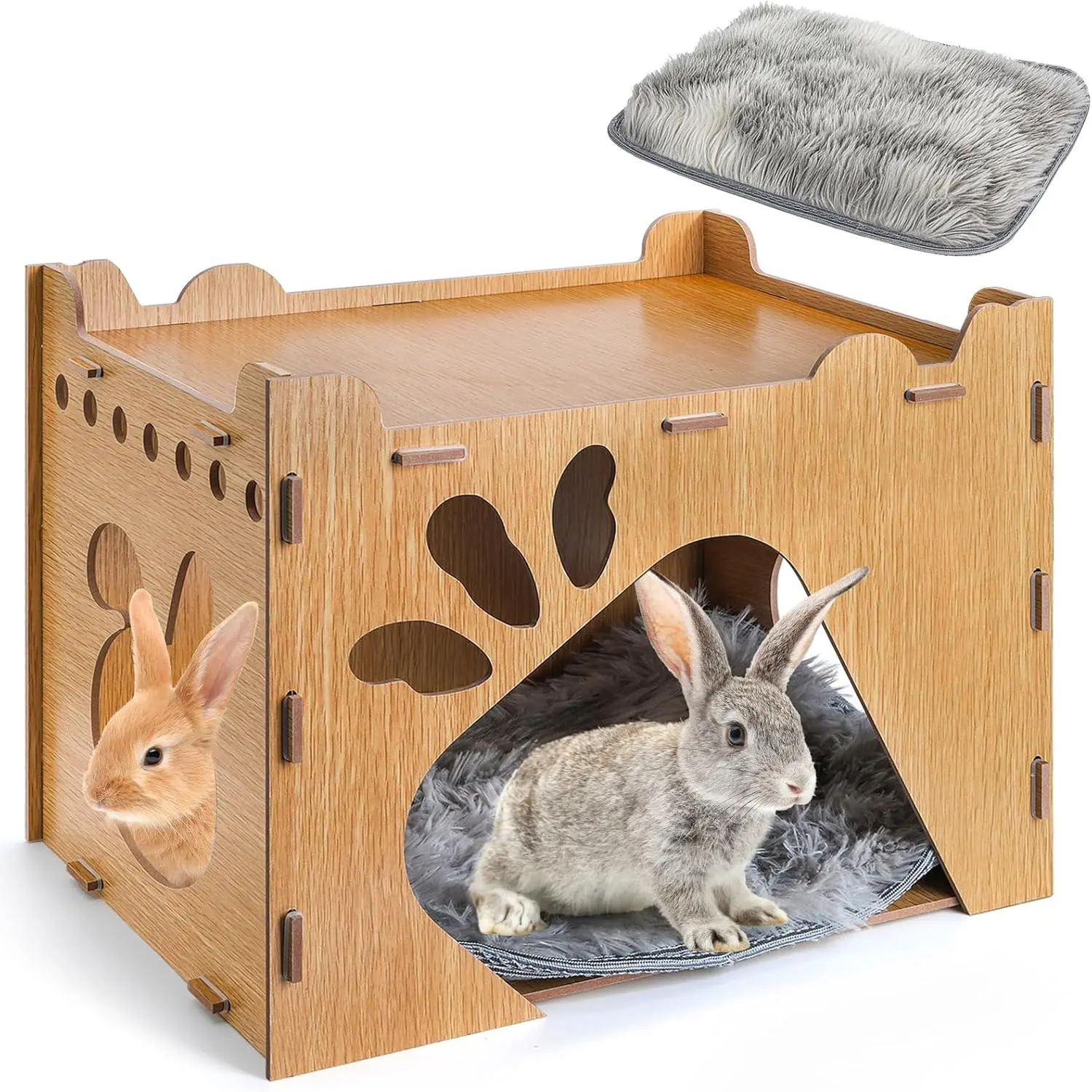 Large Wooden Castle Rabbit Hideout with Detachable Pad, Play House for Bunny Guinea Pig Hamster Chinchilla Gerbil