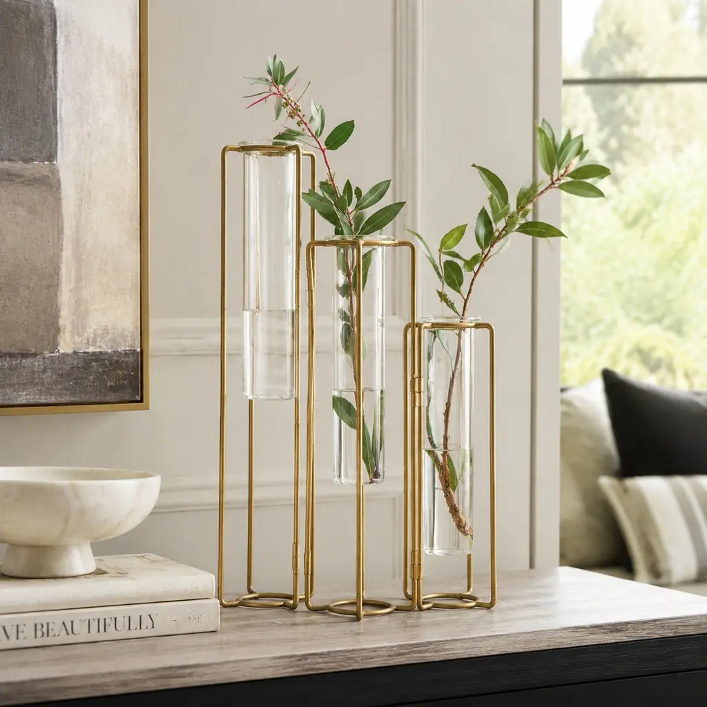 ARCH Oversized Pedestal Beaker Vase, 15.3-Inch Gold Metal Frame with Three Clear Glass Inserts, Modern Industrial Decorative Centerpiece for Console, Sideboard, or Kitchen Island, Transitional Minimalist Accent, Gold Color Options