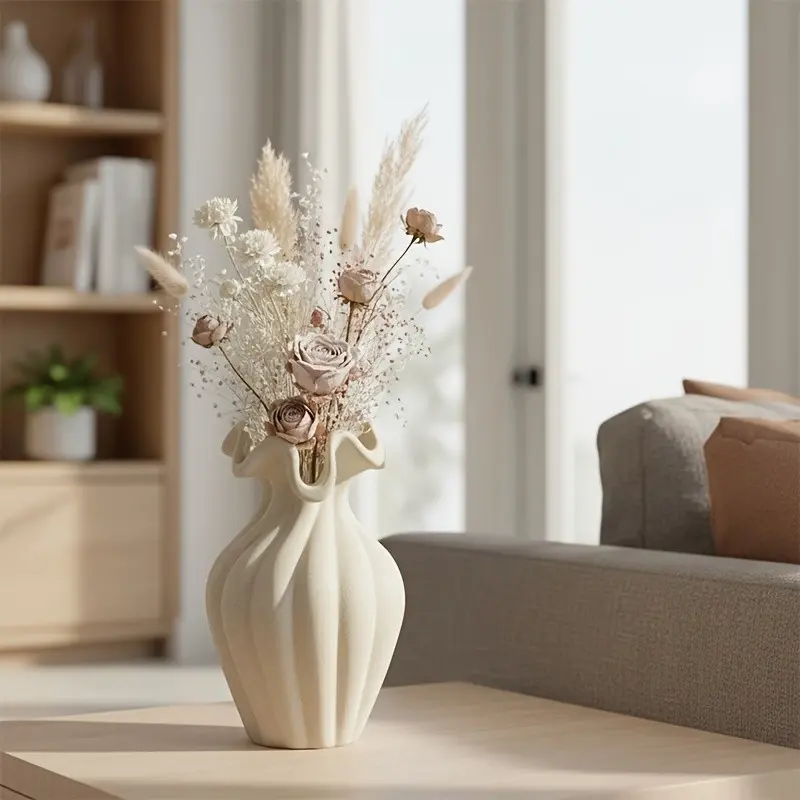Wavy Ceramic Vase, Minimalist Design, Handmade Craftsmanship, Ideal for Home Decor, Unique Aesthetic Appeal, Durable Material