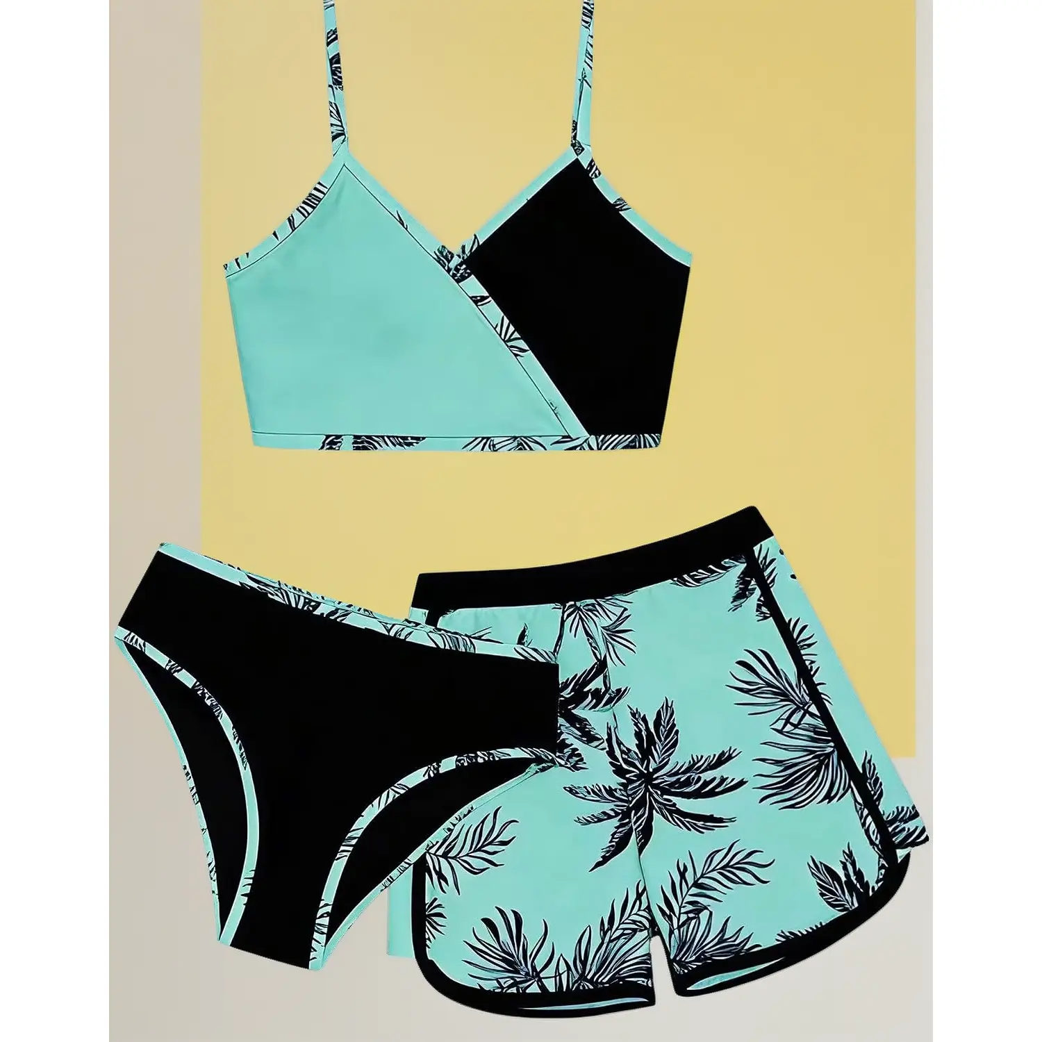 Girls' 3-Pieces Teen Fit Bathingsuits Swimsuits Swimwear Kit - Youth Sizes (9-16T) with Shorts, Beach Wear, Mix-Match Fun
